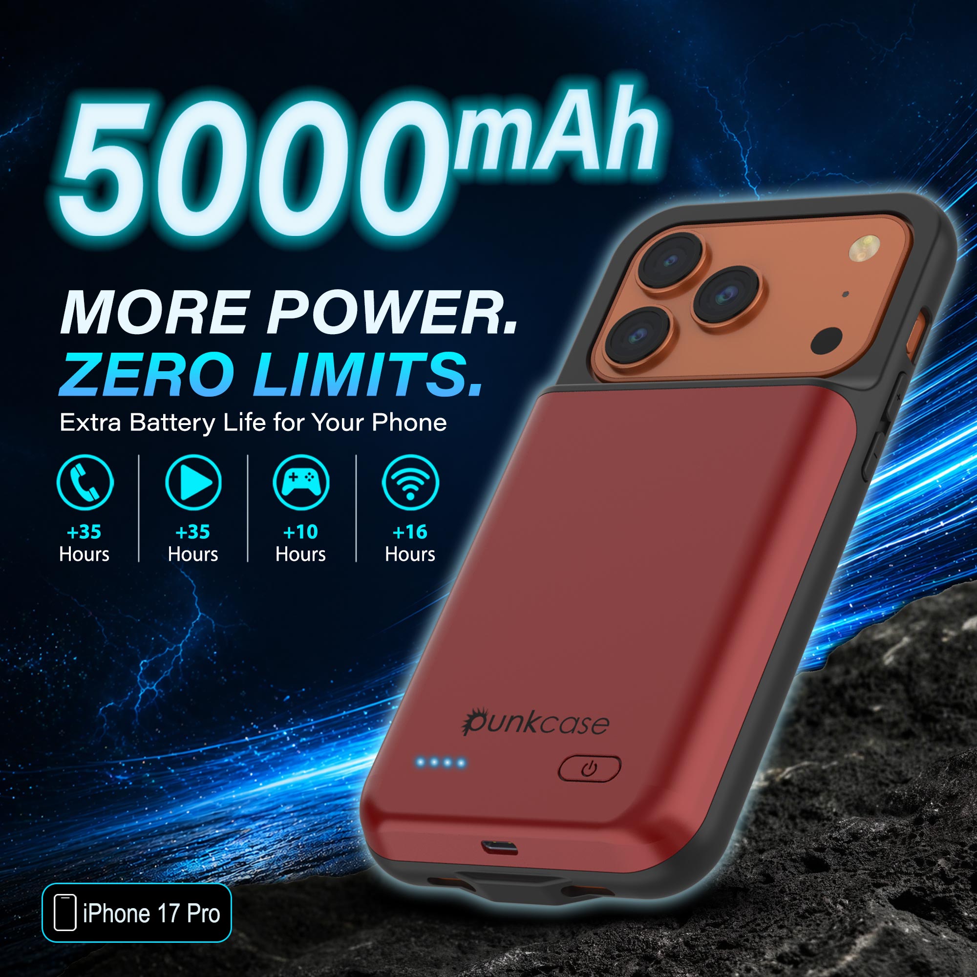 iPhone 17 Pro Battery Case, PunkJuice 5000mAH Fast Charging Case Red]