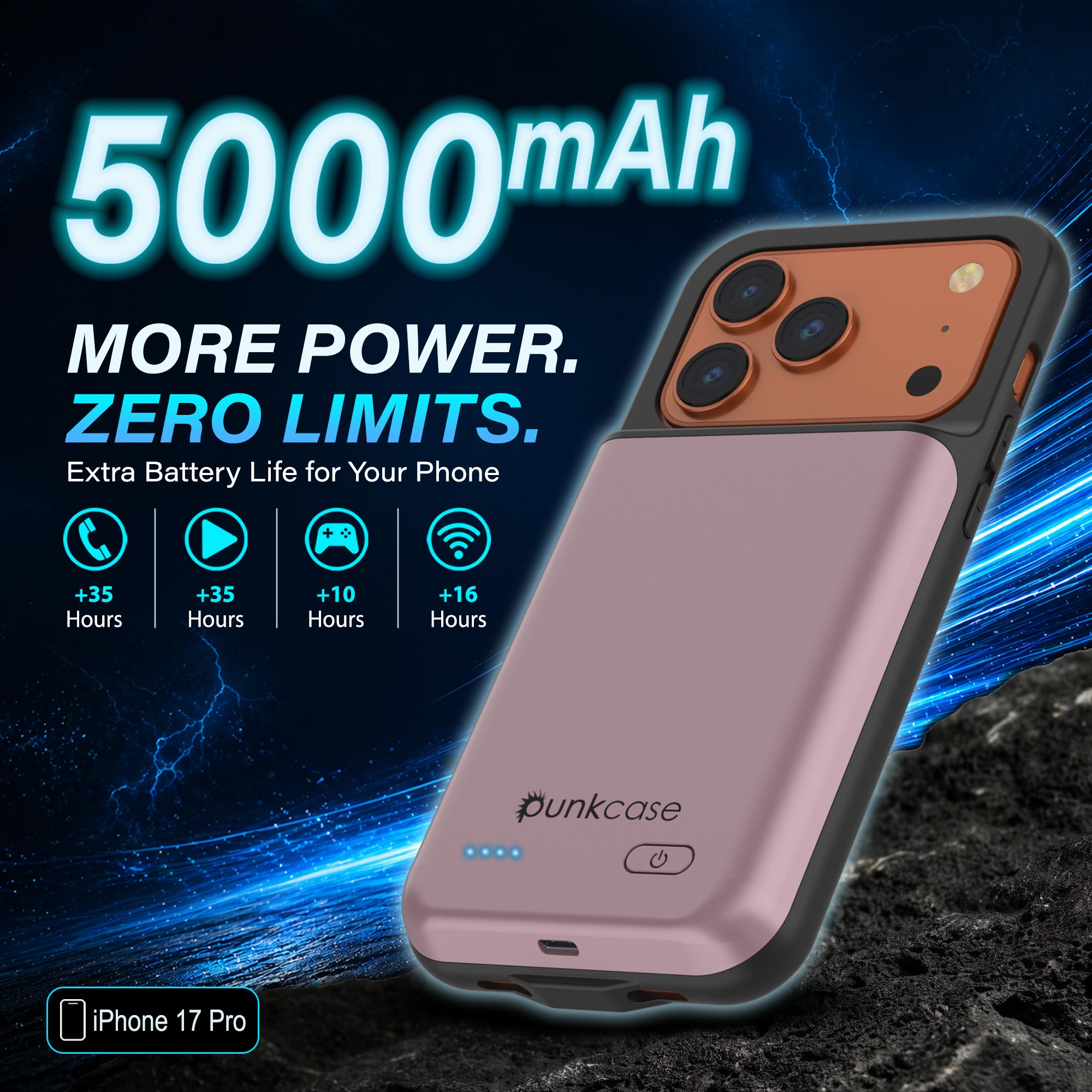 iPhone 17 Pro Battery Case, PunkJuice 5000mAH Fast Charging Case [Rose-Gold]