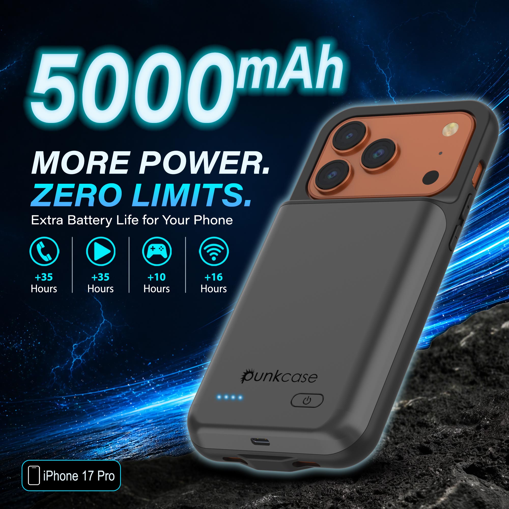 iPhone 17 Pro Battery Case, PunkJuice 5000mAH Fast Charging Case [Grey]