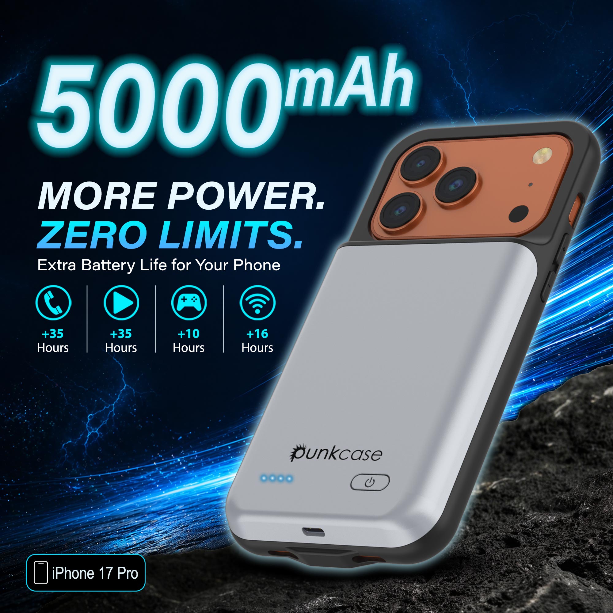 iPhone 17 Pro Battery Case, PunkJuice 5000mAH Fast Charging Case [White]