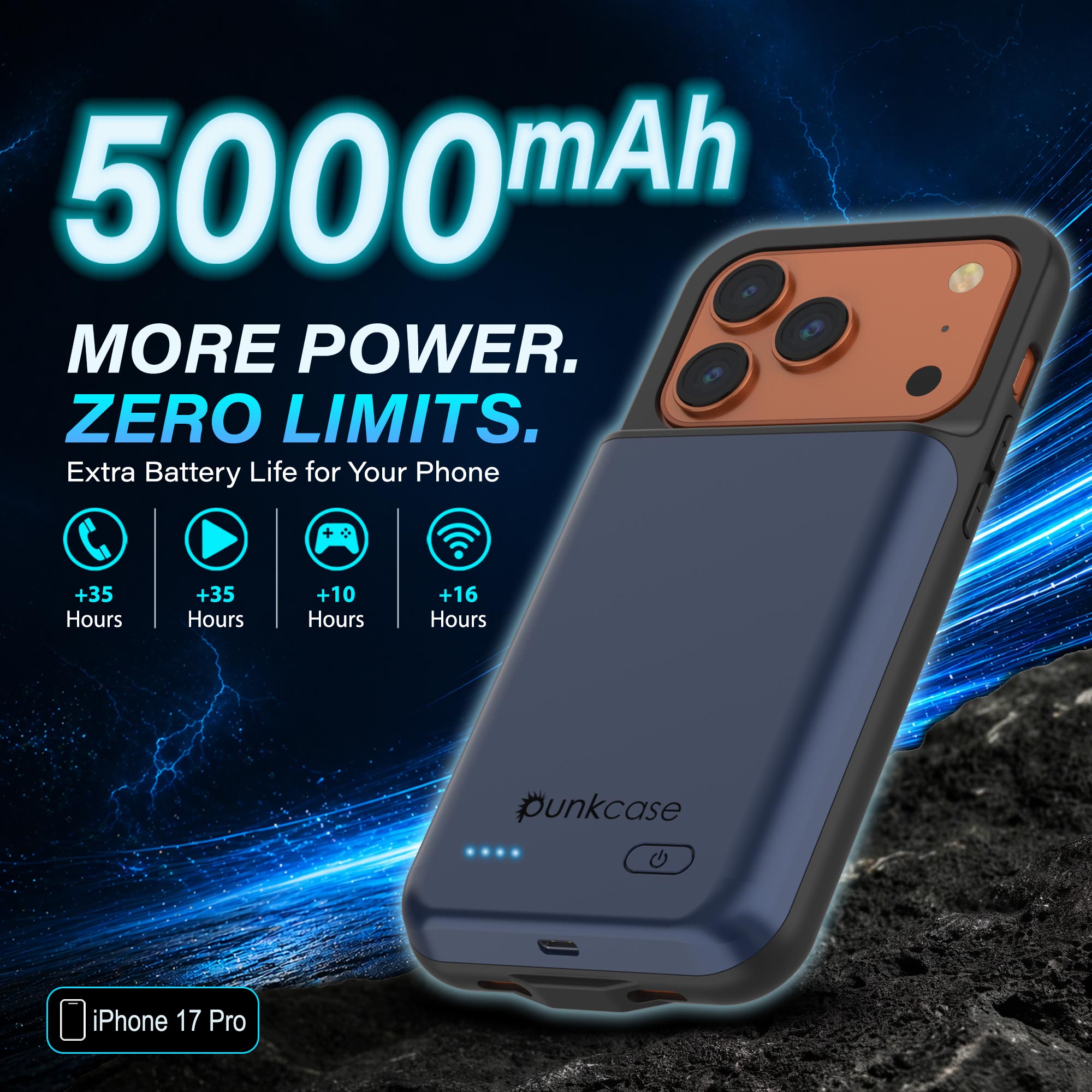iPhone 17 Pro Battery Case, PunkJuice 5000mAH Fast Charging Case [Navy Blue]