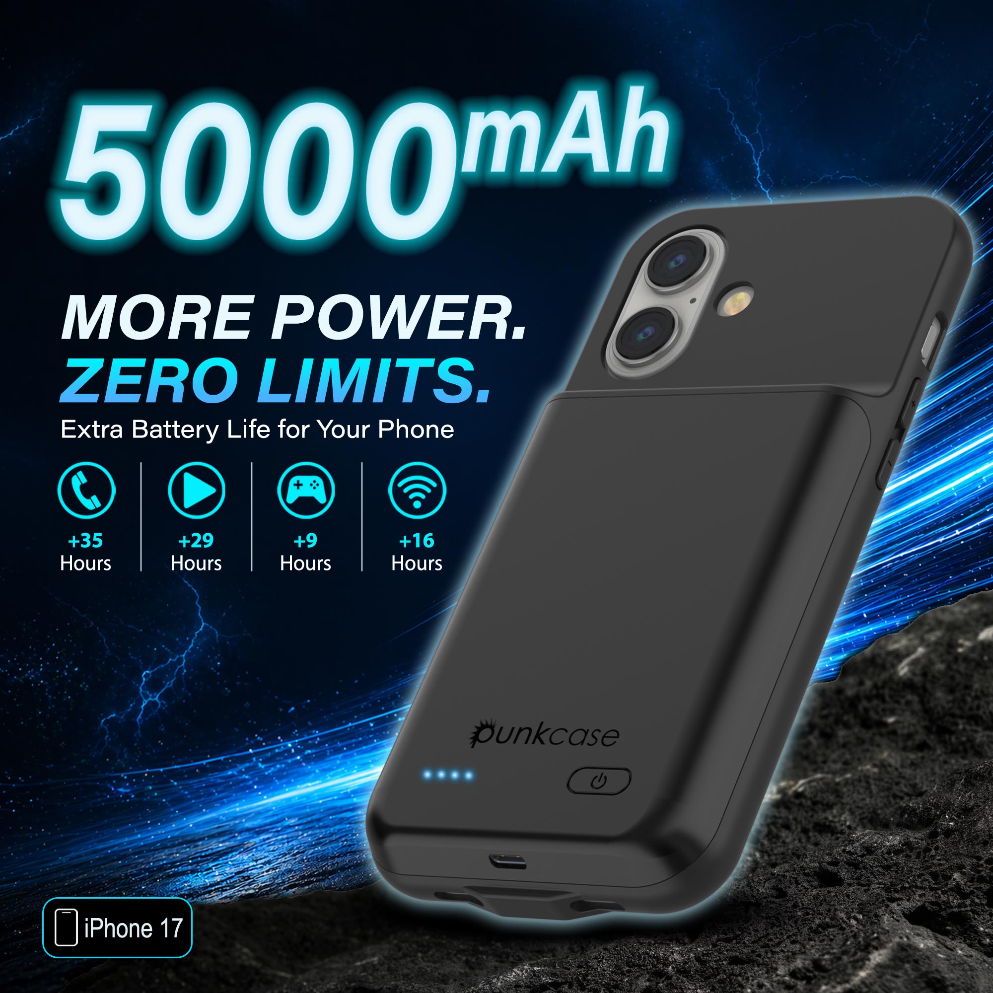 iPhone 17 Battery Case, PunkJuice 5000mAH Fast Charging Case [Black]