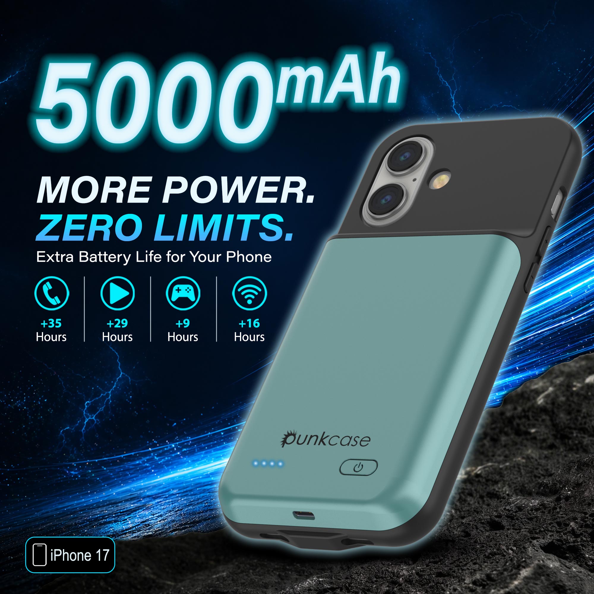iPhone 17 Battery Case, PunkJuice 5000mAH Fast Charging Case [Teal]