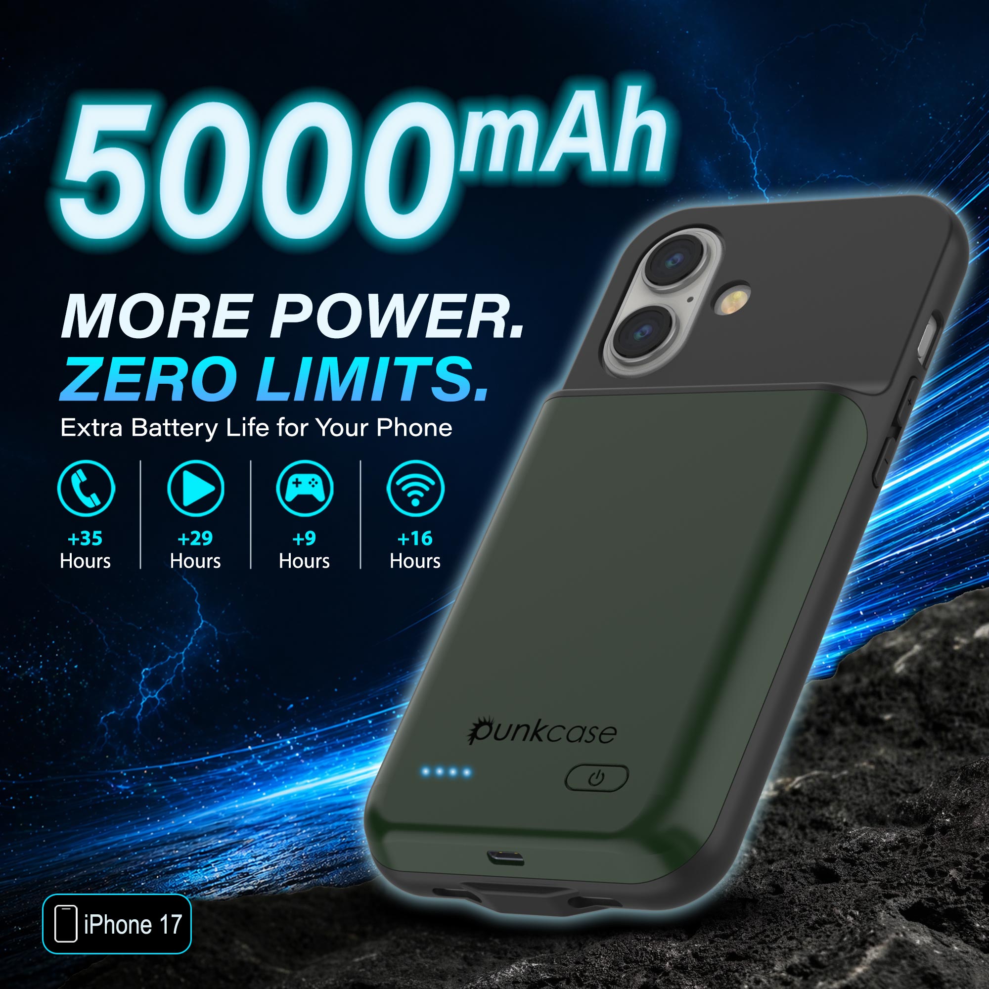 iPhone 17 Battery Case, PunkJuice 5000mAH Fast Charging Case [Green]