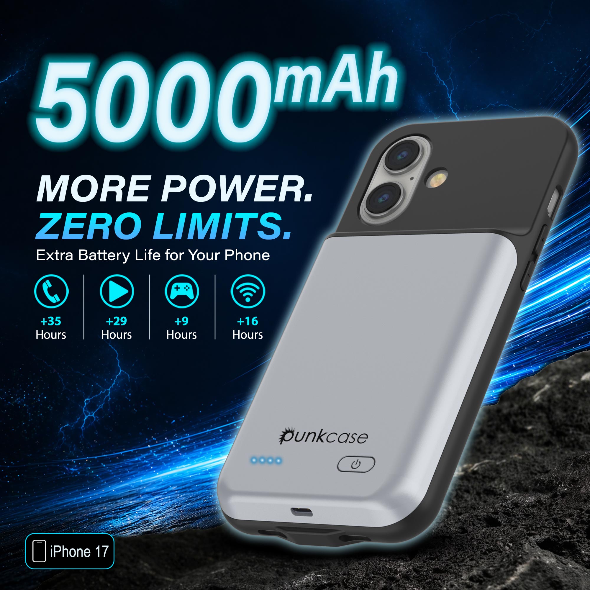 iPhone 17 Battery Case, PunkJuice 5000mAH Fast Charging Case [White]