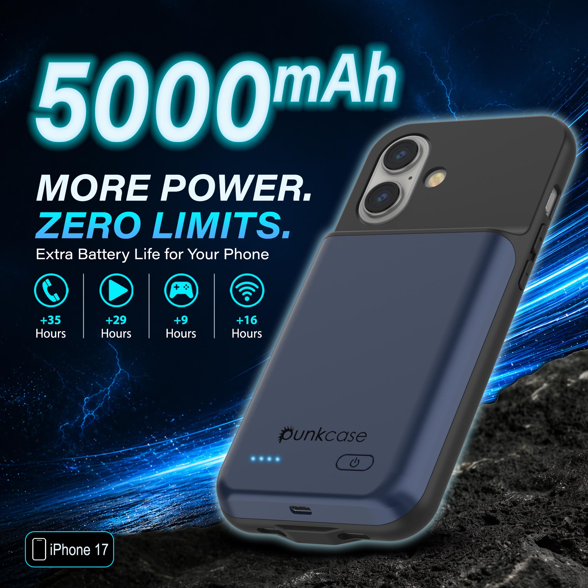 iPhone 17 Battery Case, PunkJuice 5000mAH Fast Charging Case [Navy Blue]