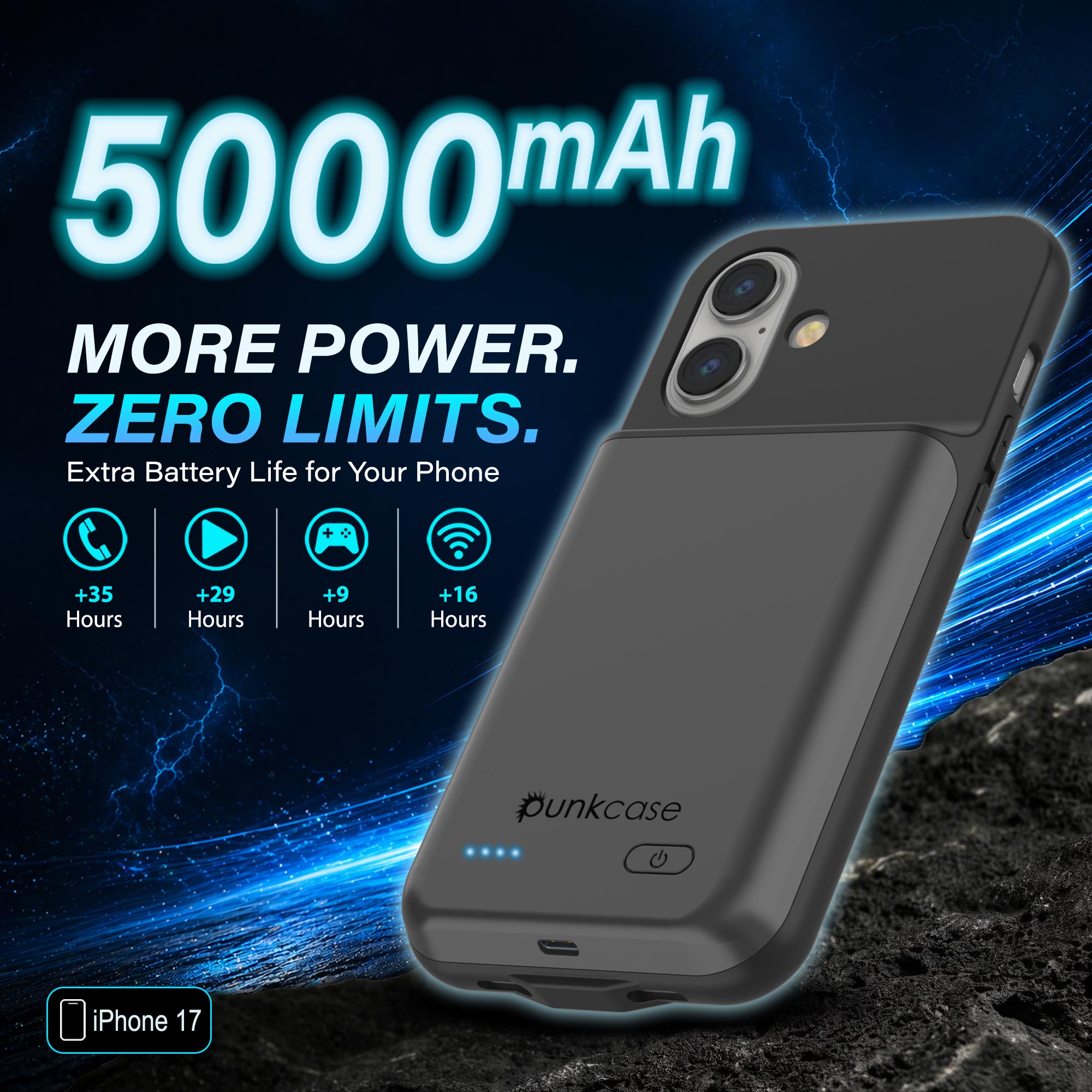 iPhone 17 Battery Case, PunkJuice 5000mAH Fast Charging Case [Grey]