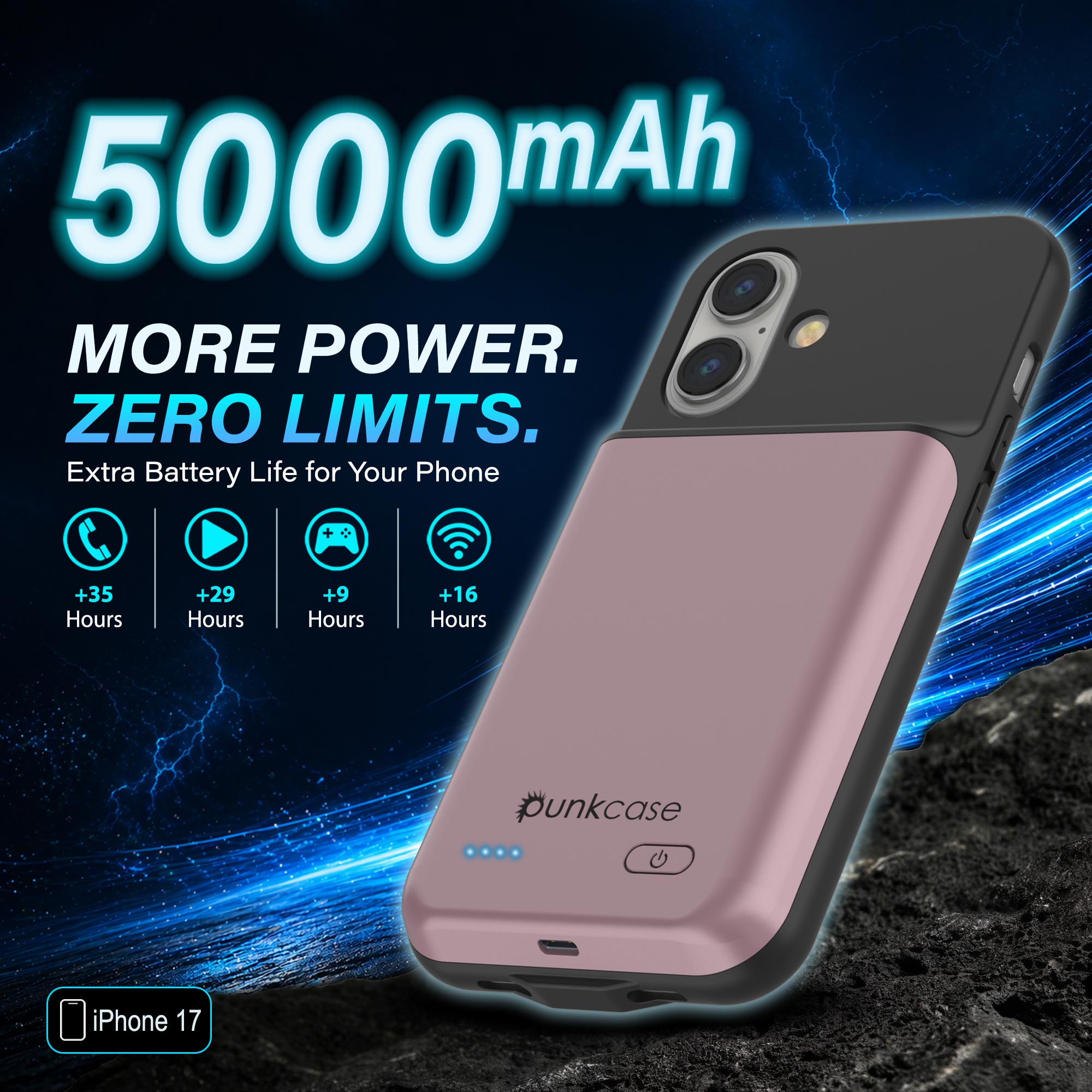 iPhone 17 Battery Case, PunkJuice 5000mAH Fast Charging Case [Rose-Gold]