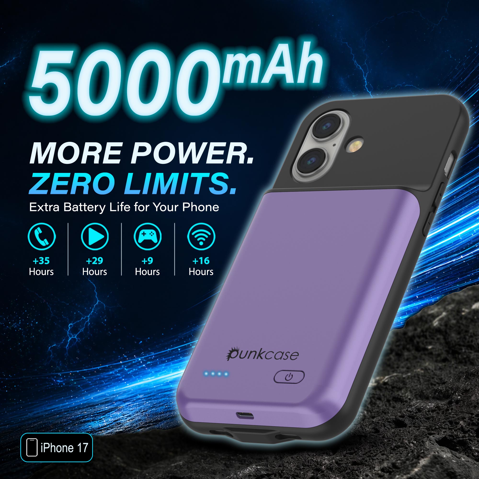 iPhone 17 Battery Case, PunkJuice 5000mAH Fast Charging Case [Purple]