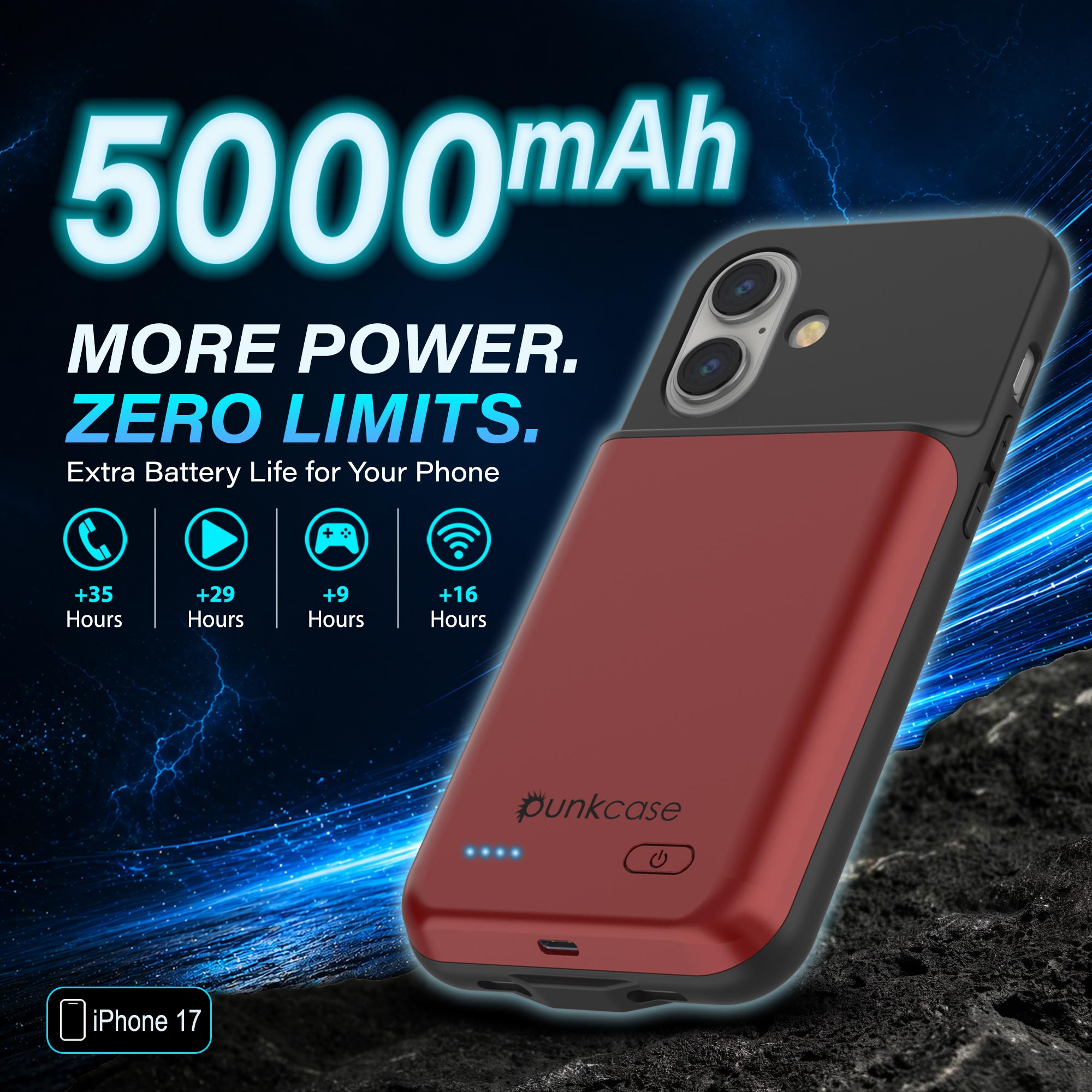 iPhone 17 Battery Case, PunkJuice 5000mAH Fast Charging Case [Red]