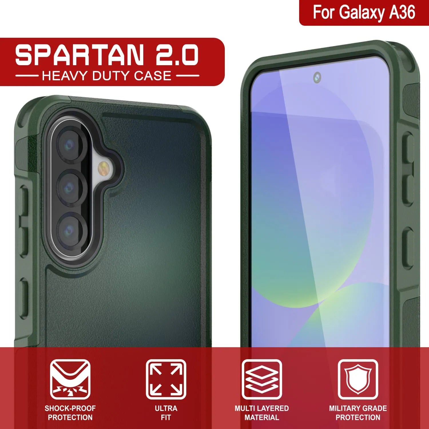 PunkCase Galaxy A36 Case, [Spartan 2.0 Series] Clear Rugged Heavy Duty Cover [Dark Green]