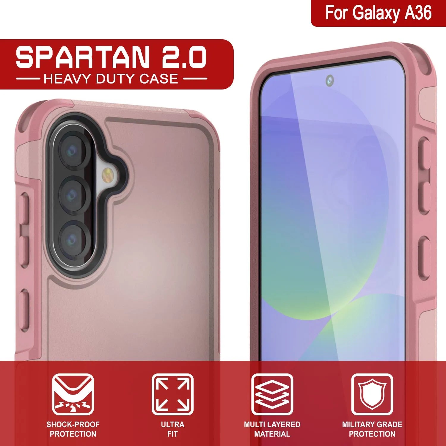 PunkCase Galaxy A36 Case, [Spartan 2.0 Series] Clear Rugged Heavy Duty Cover [Pink]