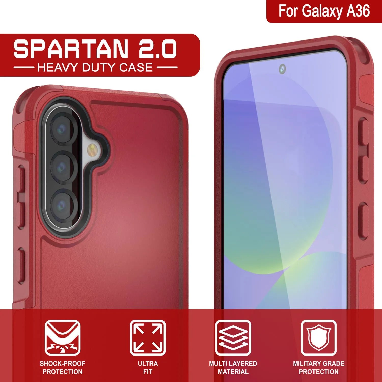 PunkCase Galaxy A36 Case, [Spartan 2.0 Series] Clear Rugged Heavy Duty Cover [Red]
