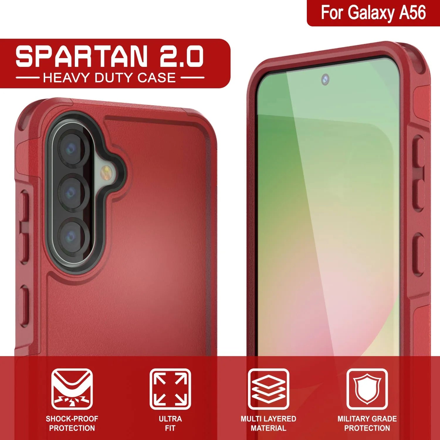 PunkCase Galaxy A56 Case, [Spartan 2.0 Series] Clear Rugged Heavy Duty Cover [Red]