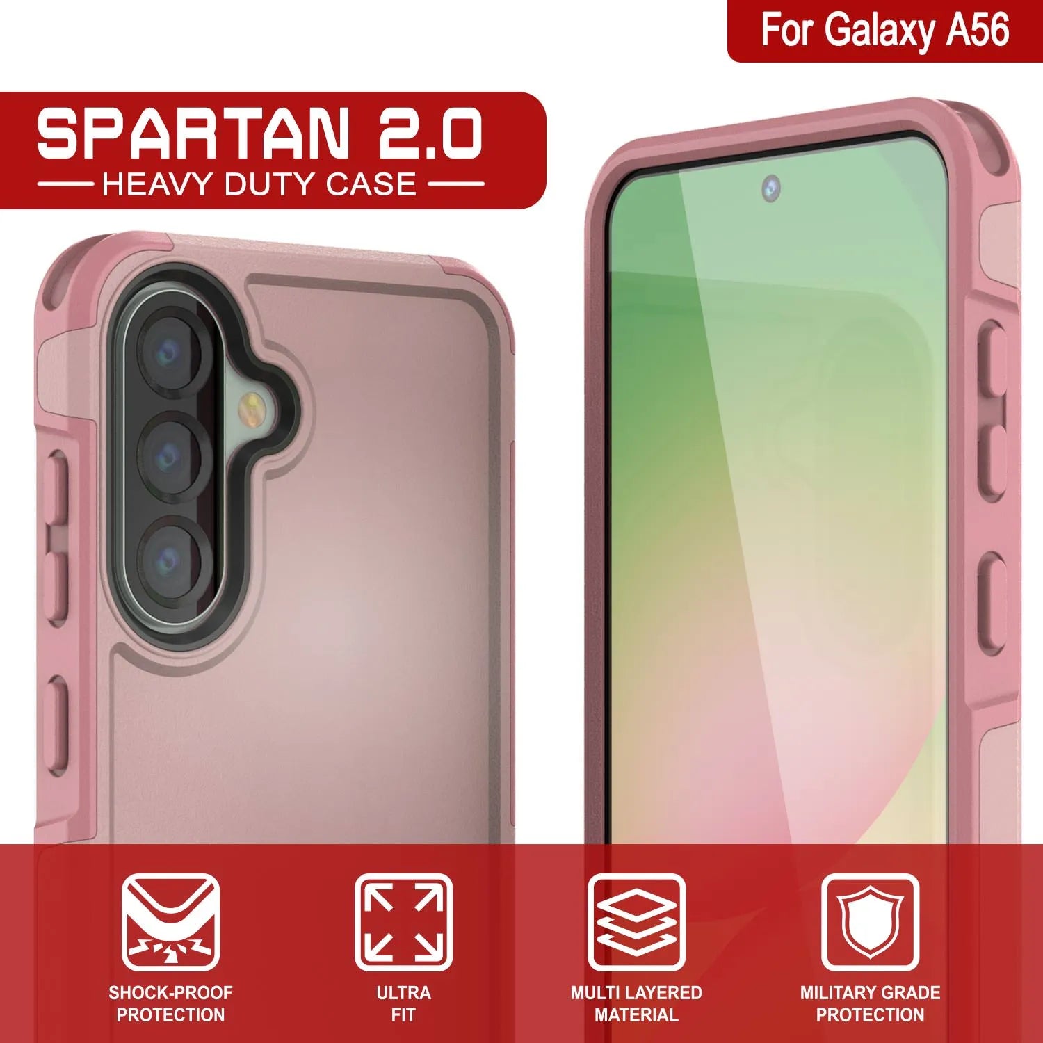 PunkCase Galaxy A56 Case, [Spartan 2.0 Series] Clear Rugged Heavy Duty Cover [Pink]
