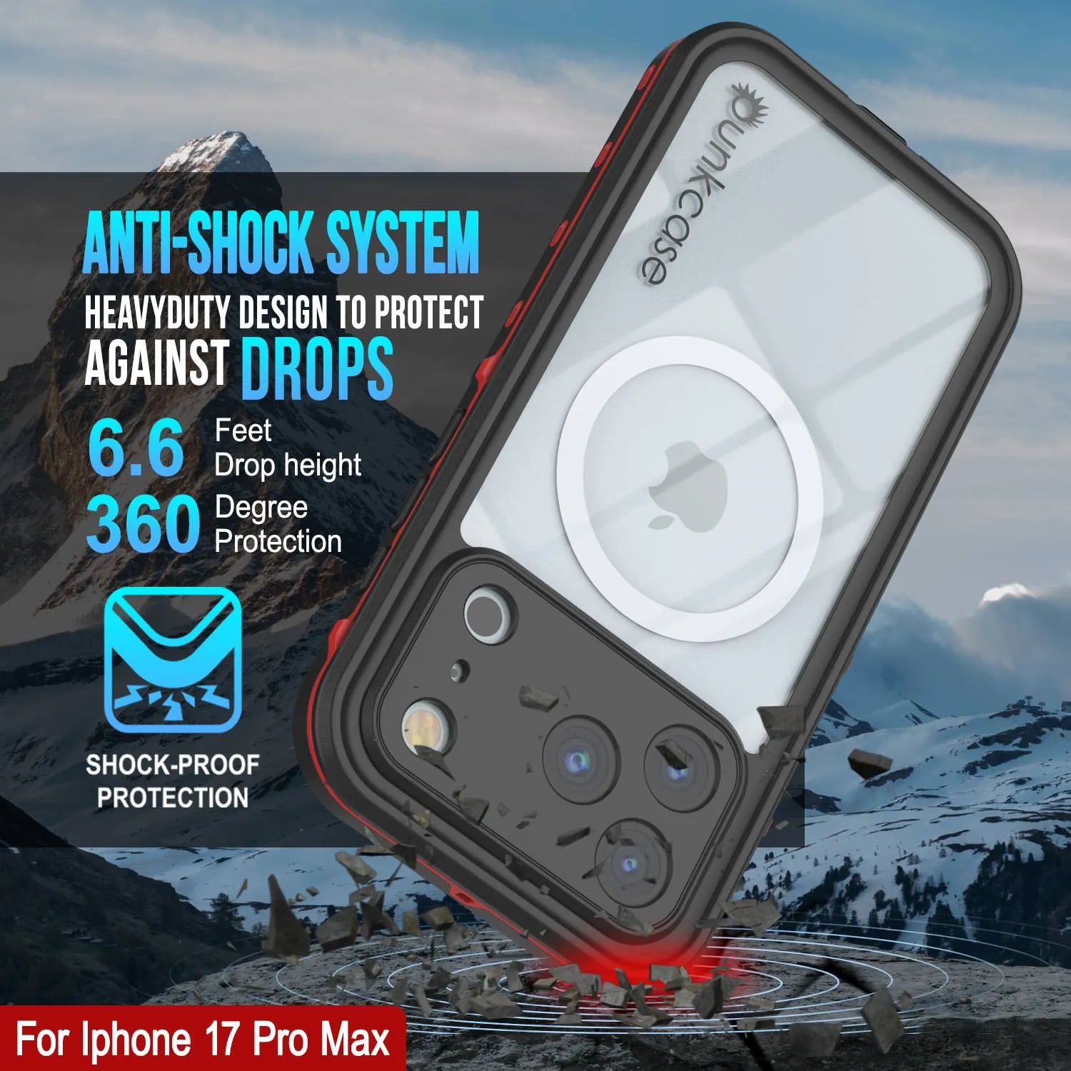 iPhone 17 Pro Max Waterproof IP68 Case, Punkcase [Red] [StudStar Series] [Slim Fit]