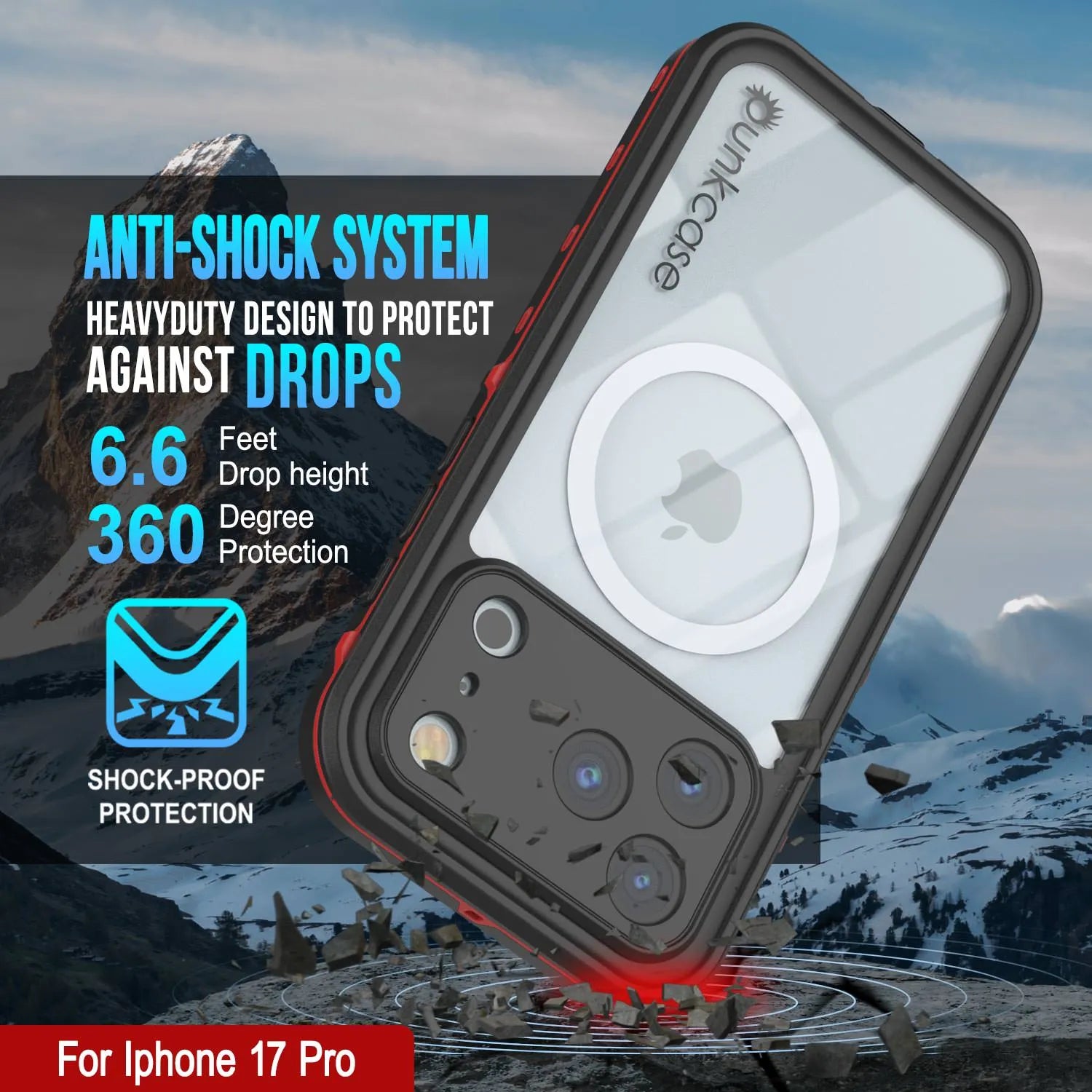 iPhone 17 Pro Waterproof IP68 Case, Punkcase [Red] [StudStar Series] [Slim Fit]