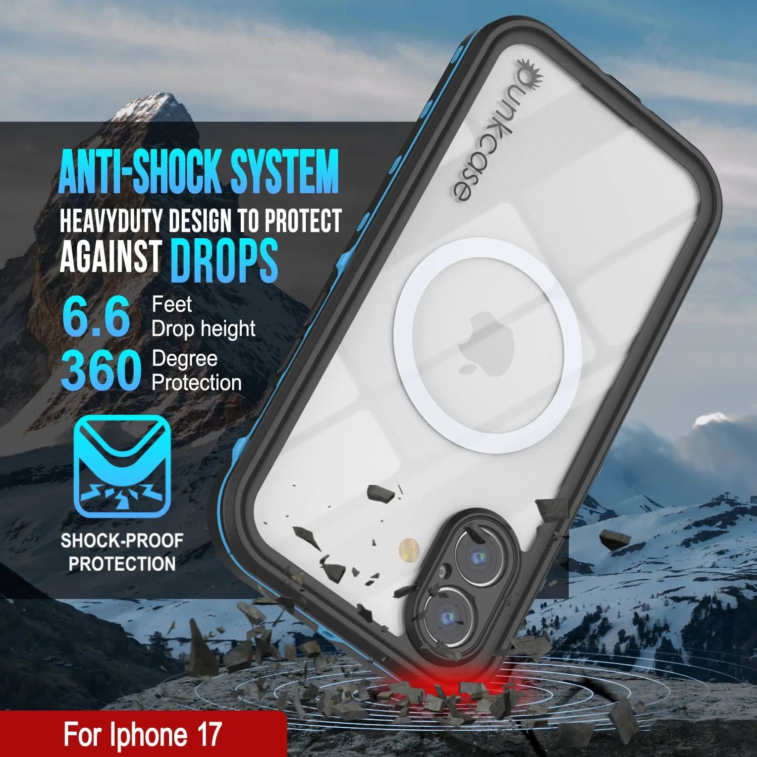 iPhone 17 Waterproof IP68 Case, Punkcase [Light blue] [StudStar Series] [Slim Fit] [Dirtproof]
