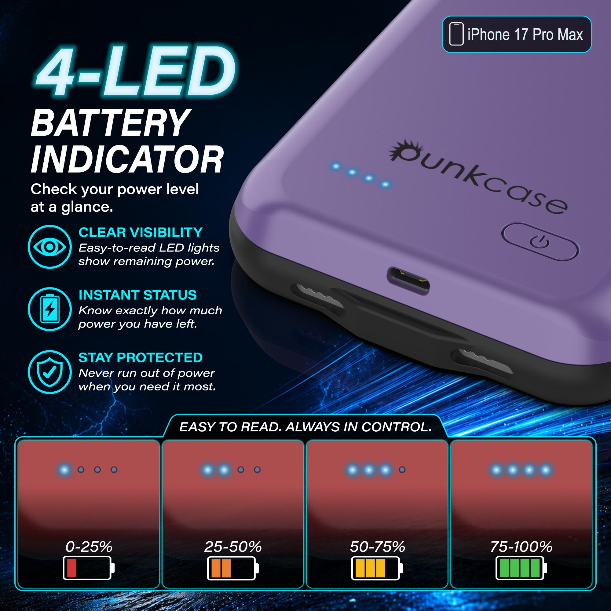 iPhone 17 Pro Max Battery Case, PunkJuice 6000mah Fast Charging Case [Purple]