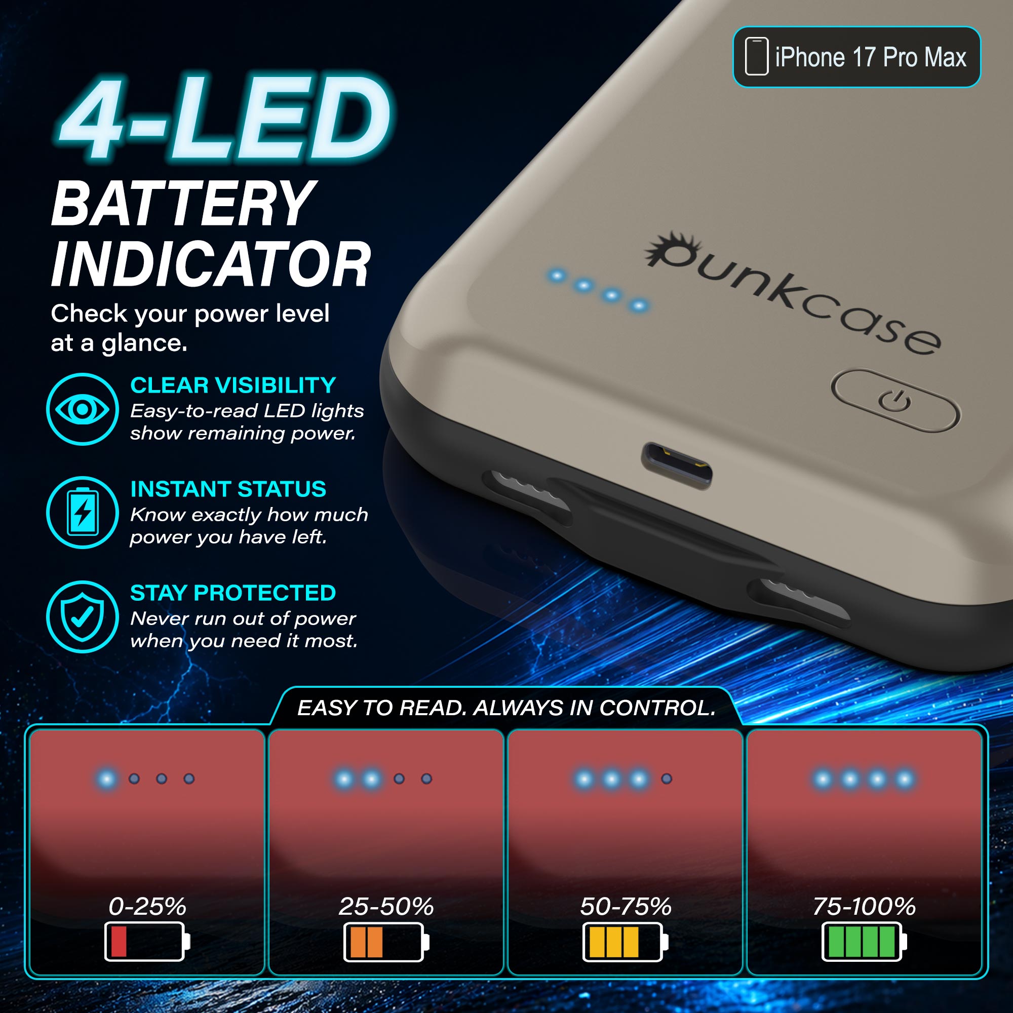 iPhone 17 Pro Max Battery Case, PunkJuice 6000mah Fast Charging Case [Gold]