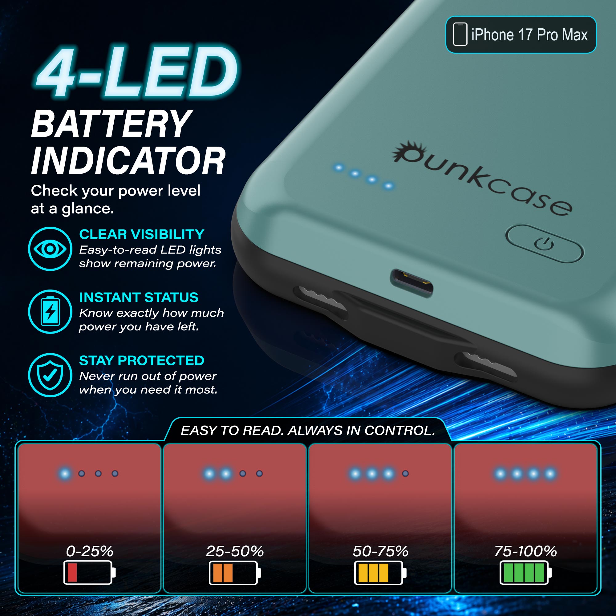iPhone 17 Pro Max Battery Case, PunkJuice 6000mah Fast Charging Case [Teal]