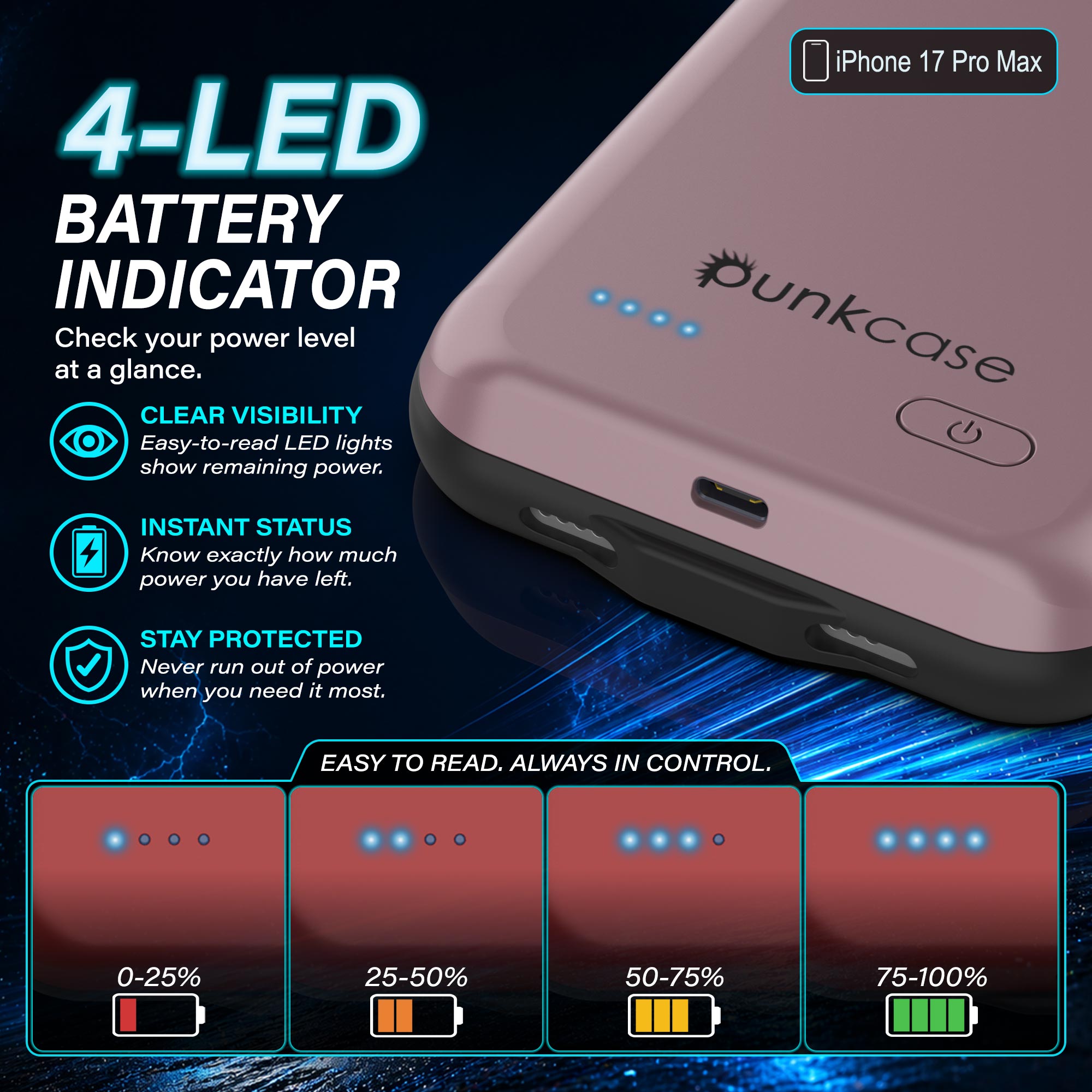 iPhone 17 Pro Max Battery Case, PunkJuice 6000mah Fast Charging Case [Rose-Gold]
