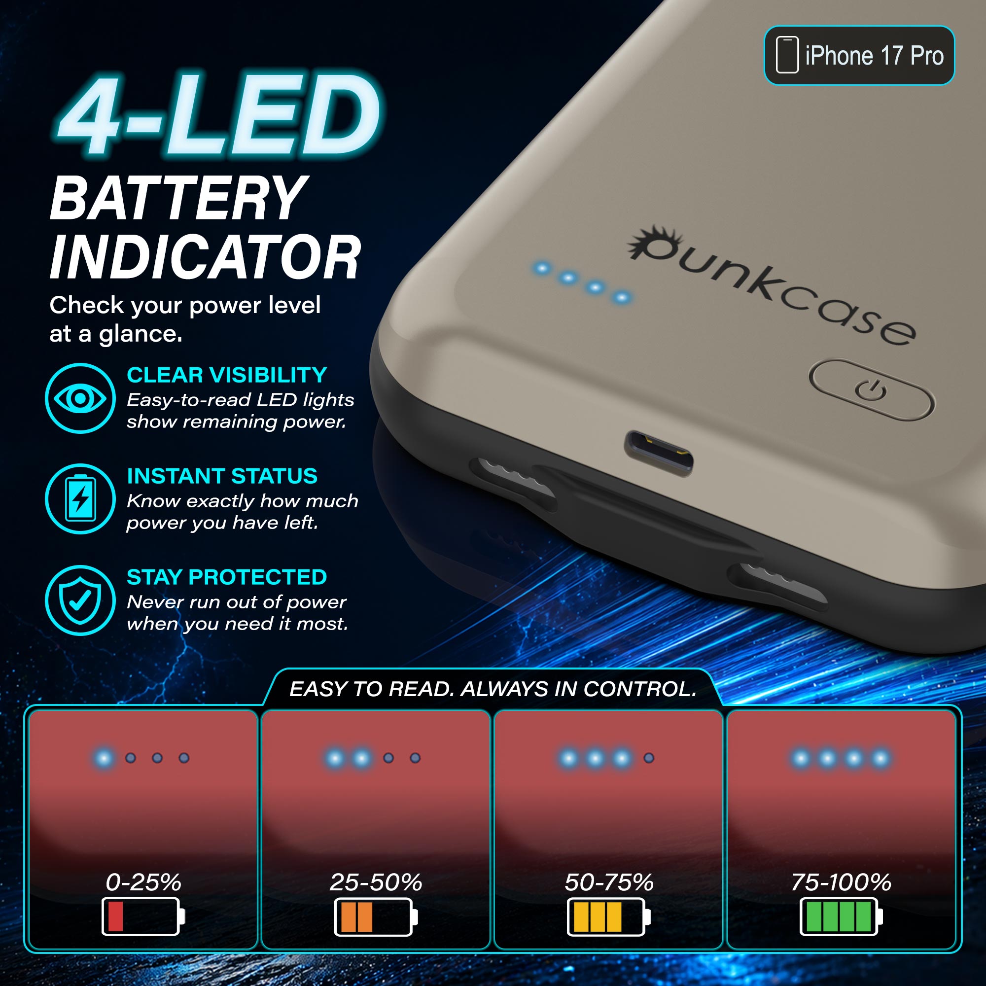 iPhone 17 Pro Battery Case, PunkJuice 5000mAH Fast Charging Case [Gold]