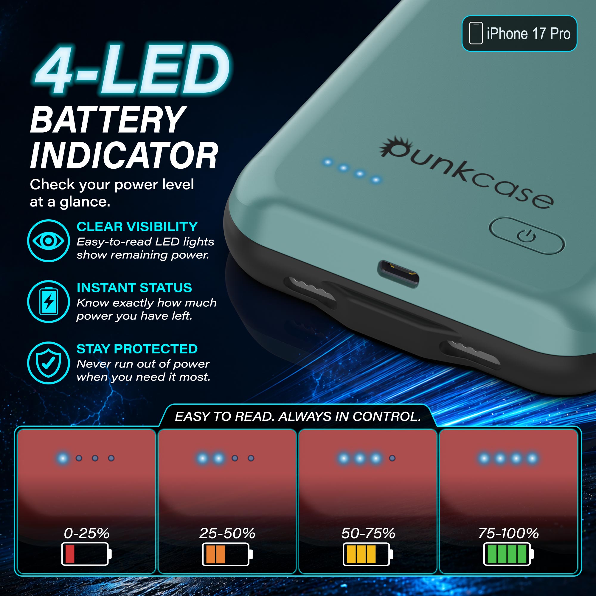 iPhone 17 Pro Battery Case, PunkJuice 5000mAH Fast Charging Case [Teal]