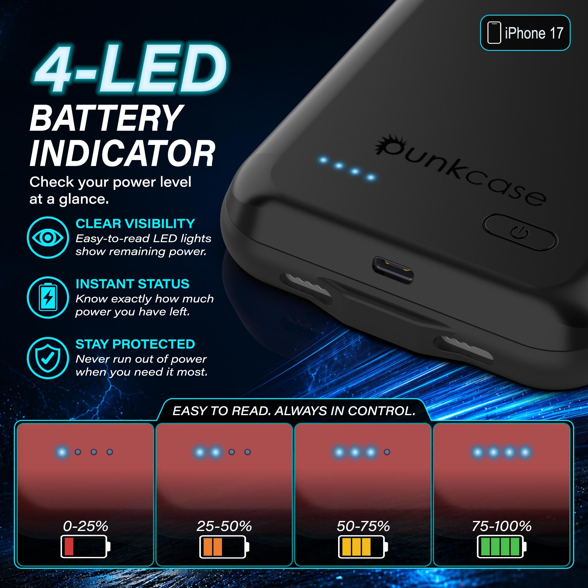 iPhone 17 Battery Case, PunkJuice 5000mAH Fast Charging Case [Black]