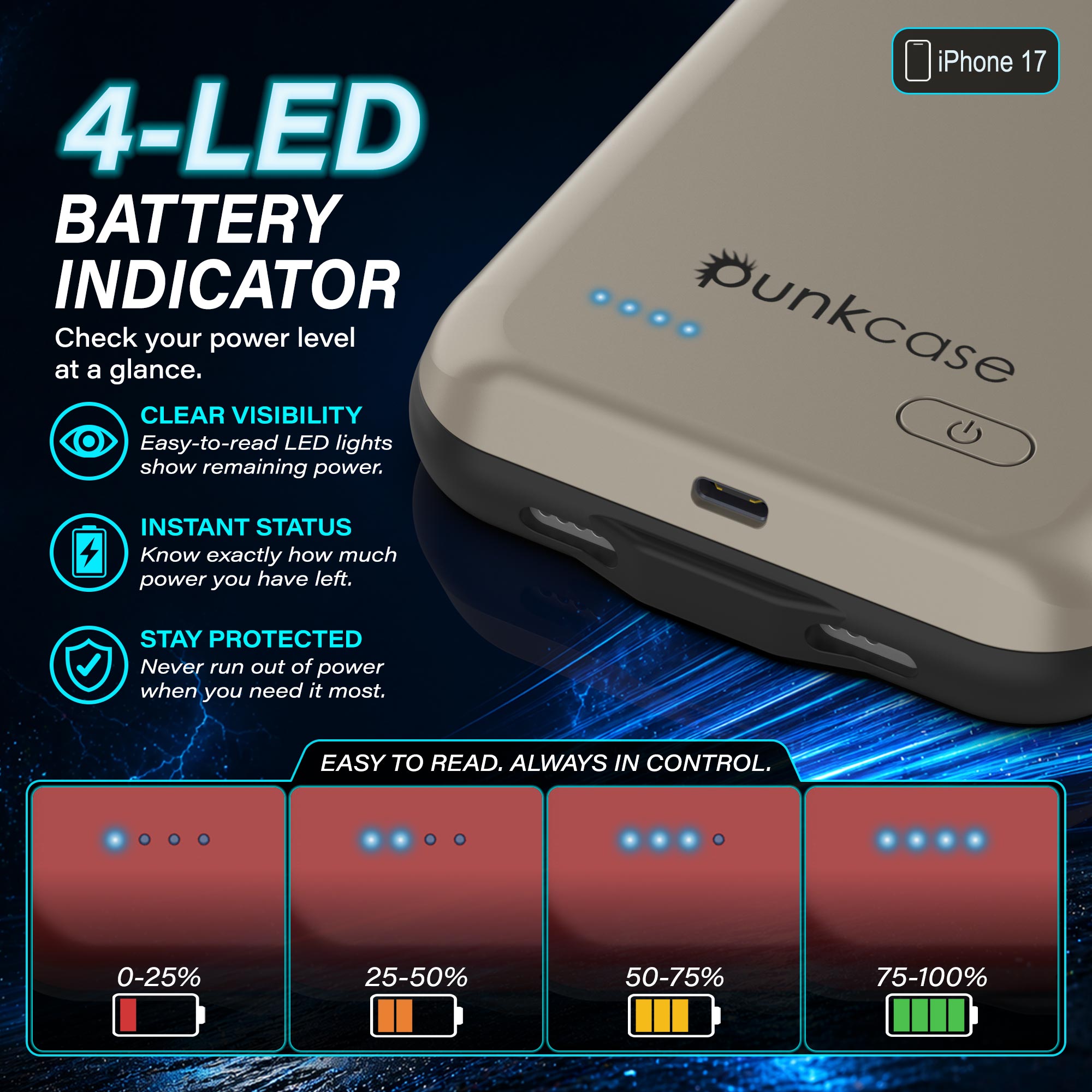 iPhone 17 Battery Case, PunkJuice 5000mAH Fast Charging Case [Gold]