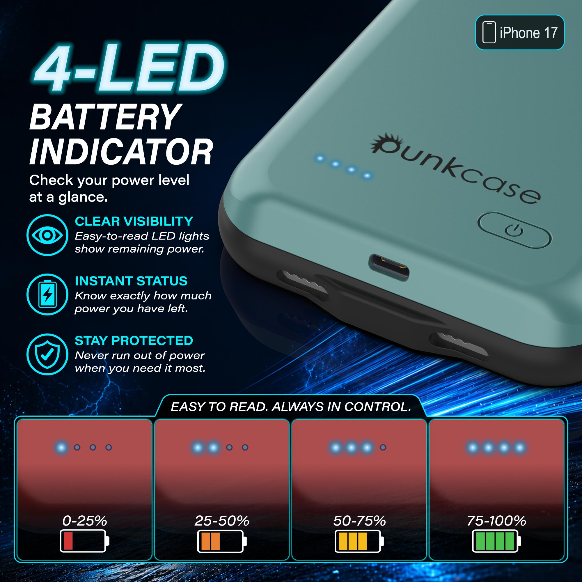 iPhone 17 Battery Case, PunkJuice 5000mAH Fast Charging Case [Teal]