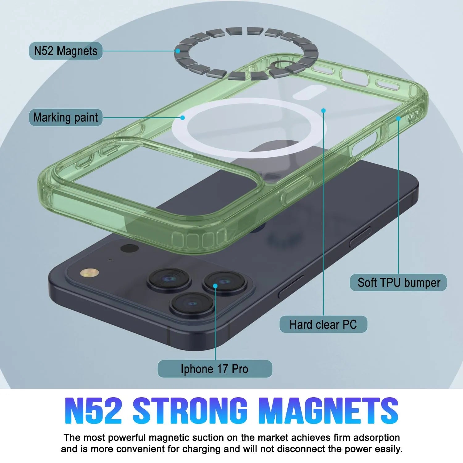 Punkcase iPhone 17 Pro Magnetic Wireless Charging Case [ClearMag Series][Green]