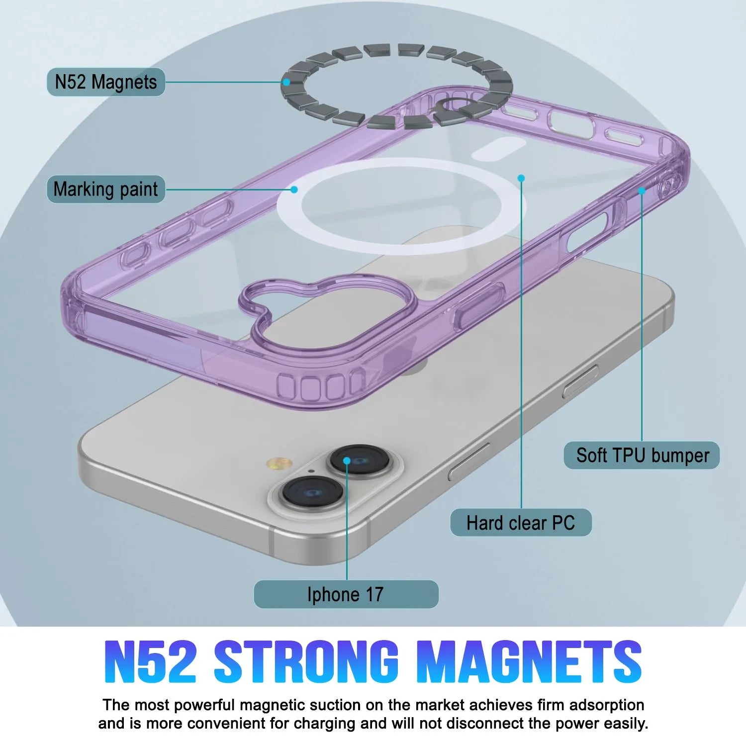 Punkcase iPhone 17 Magnetic Wireless Charging Case [ClearMag Series][Purple]