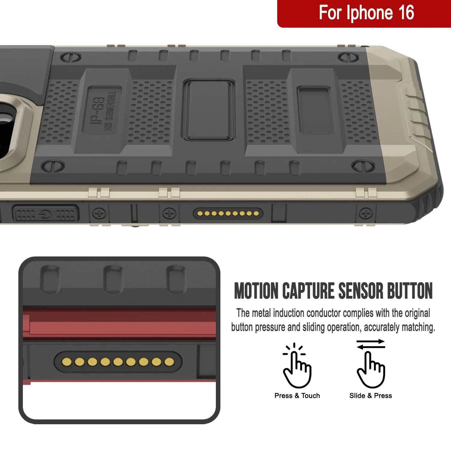iPhone 16 Metal Extreme 3.0 Series Aluminum Waterproof Case IP68 W/Buillt in Screen Protector & Kickstand [Gold]