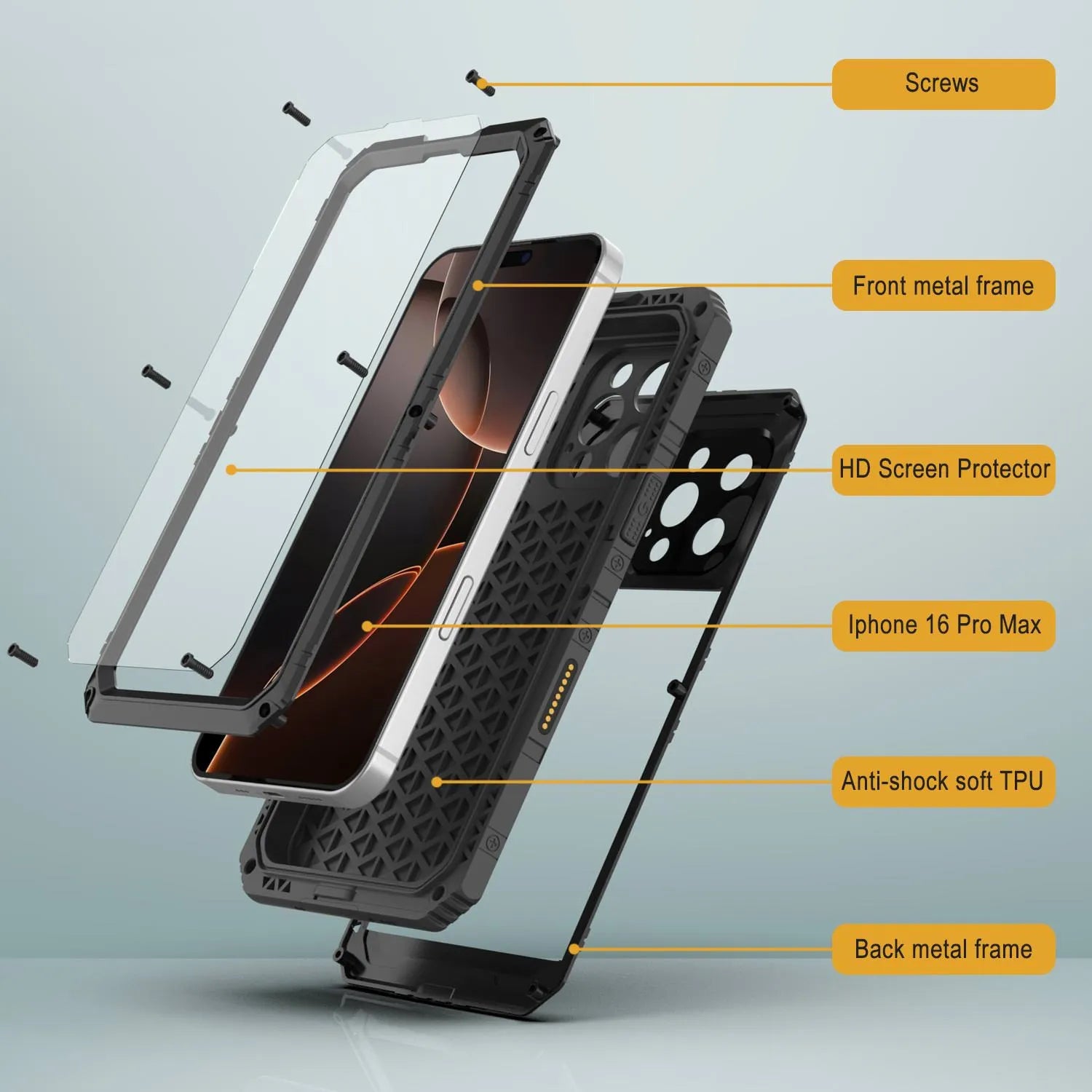 iPhone 16 Pro Max Metal Extreme 3.0 Series Aluminum Waterproof Case IP68 W/Buillt in Screen Protector & Kickstand [Black]