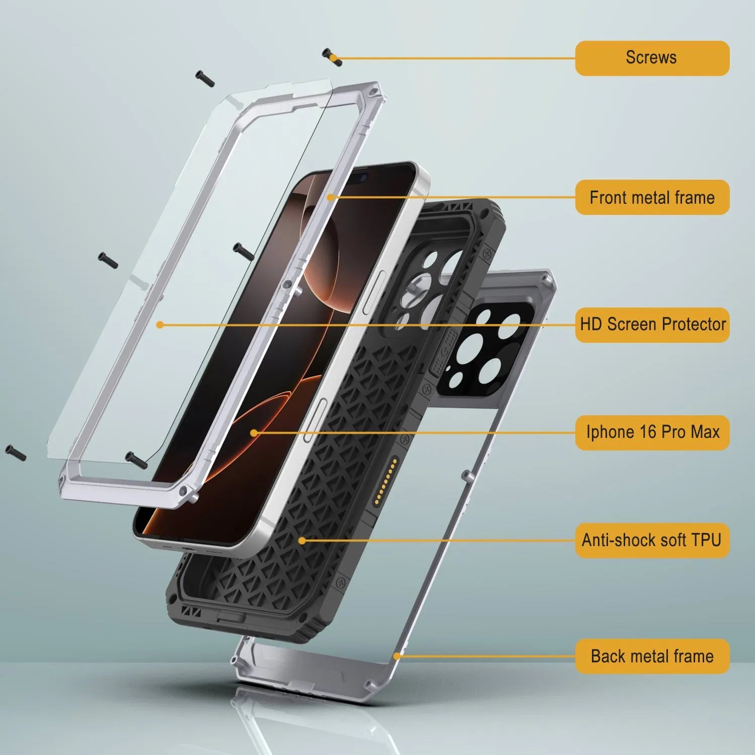 iPhone 16 Pro Max Metal Extreme 3.0 Series Aluminum Waterproof Case IP68 W/Buillt in Screen Protector & Kickstand [White]