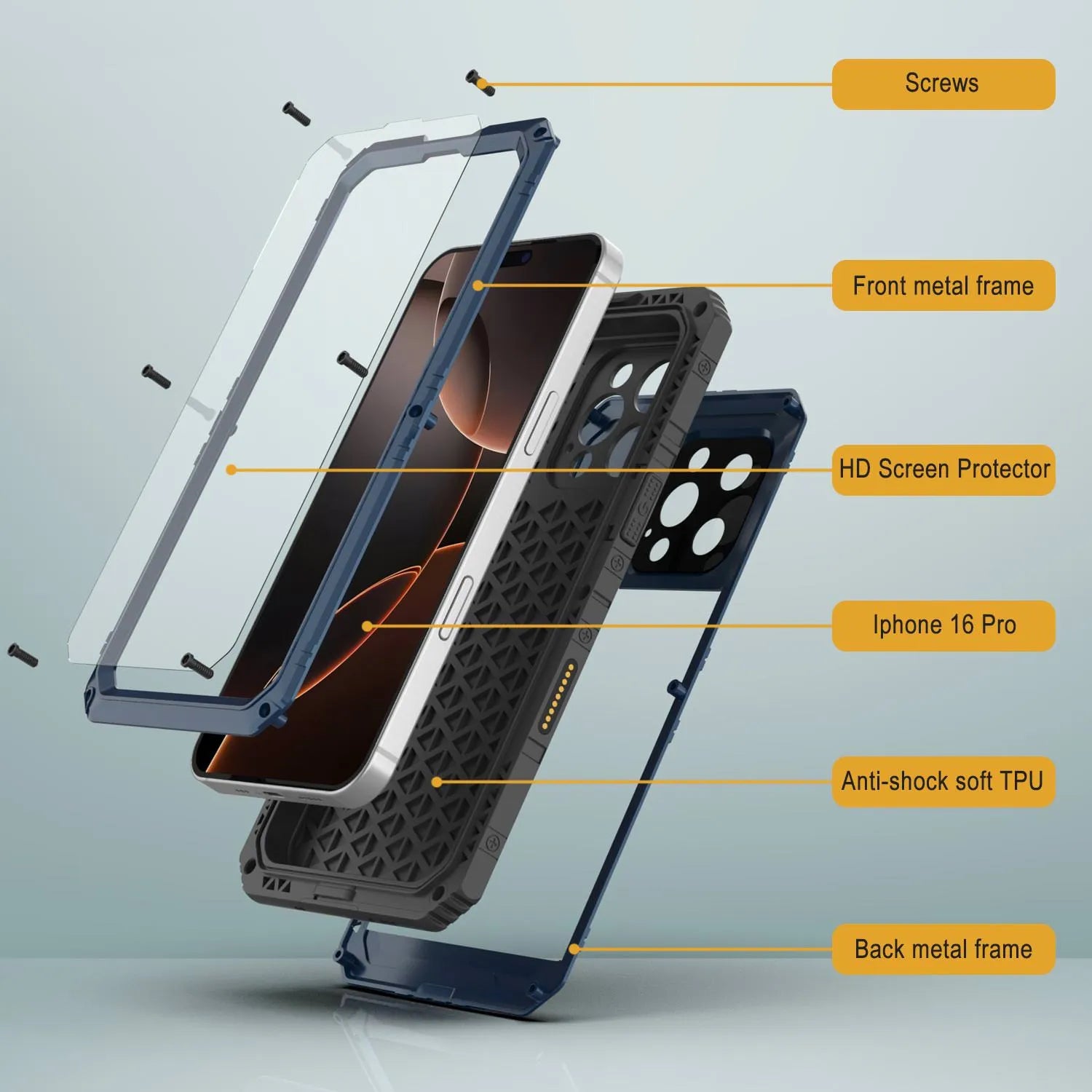 iPhone 16 Pro Metal Extreme 3.0 Series Aluminum Waterproof Case IP68 W/Buillt in Screen Protector & Kickstand [Blue]