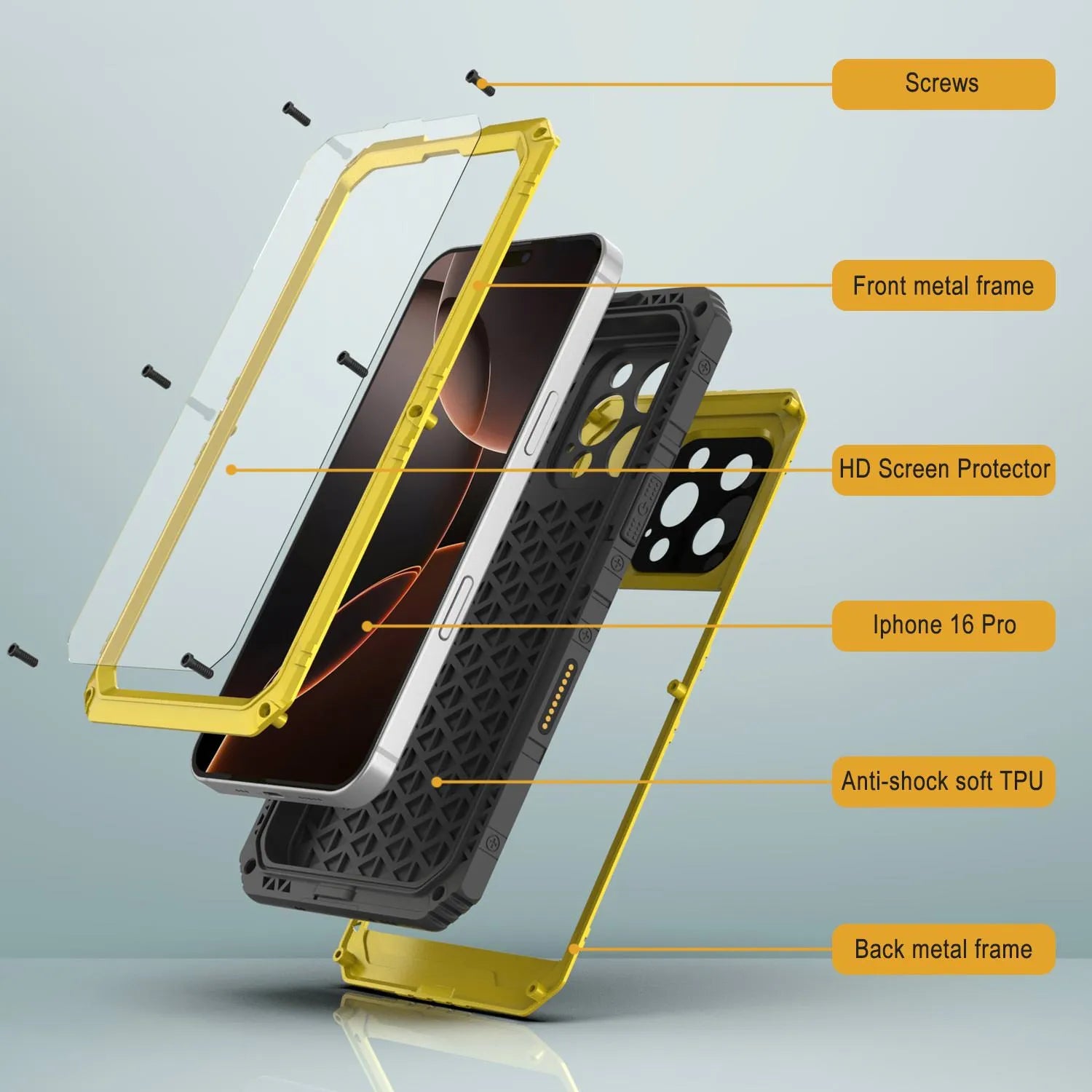 iPhone 16 Pro Metal Extreme 3.0 Series Aluminum Waterproof Case IP68 W/Buillt in Screen Protector & Kickstand [Yellow]