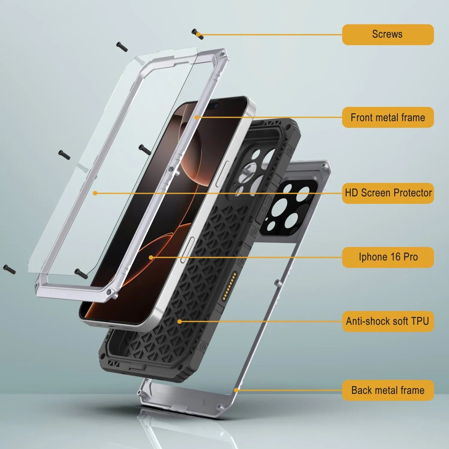 iPhone 16 Pro Metal Extreme 3.0 Series Aluminum Waterproof Case IP68 W/Buillt in Screen Protector & Kickstand [White]