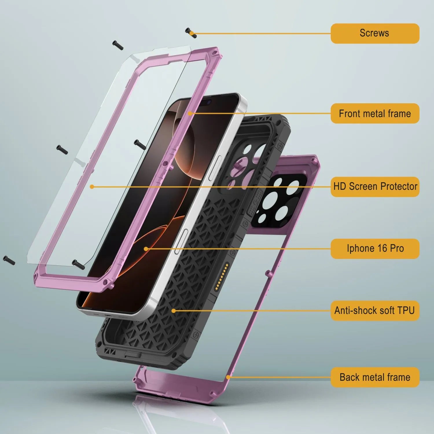 iPhone 16 Pro Metal Extreme 3.0 Series Aluminum Waterproof Case IP68 W/Buillt in Screen Protector & Kickstand [Pink]