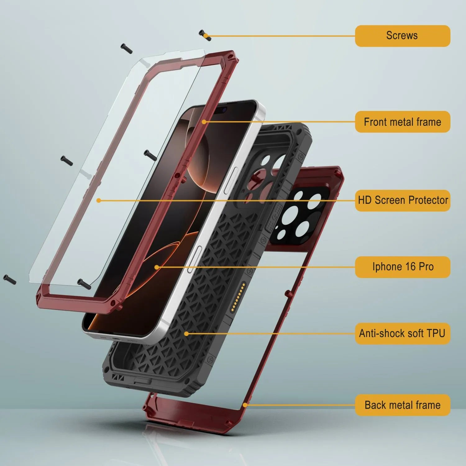 iPhone 16 Pro Metal Extreme 3.0 Series Aluminum Waterproof Case IP68 W/Buillt in Screen Protector & Kickstand [Red]