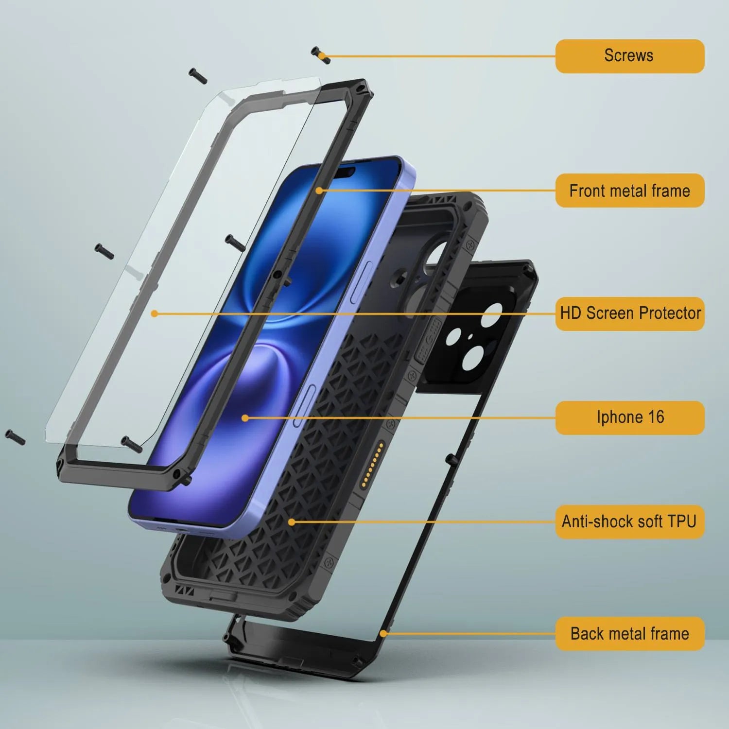 iPhone 16 Metal Extreme 3.0 Series Aluminum Waterproof Case IP68 W/Buillt in Screen Protector & Kickstand [Black]