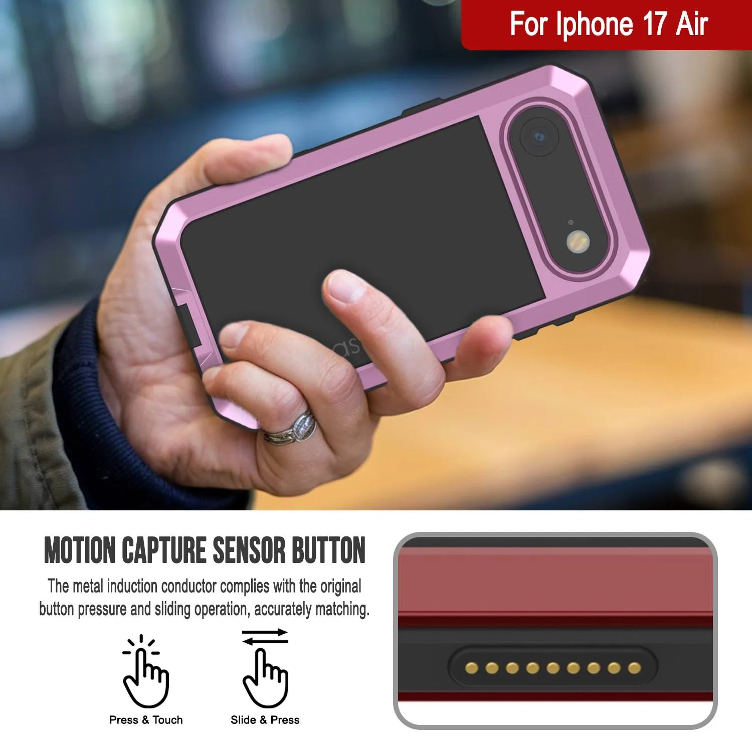 iPhone 17 Air Metal Case, Heavy Duty Military Grade Armor Cover [shock proof] Full Body Hard [Pink]