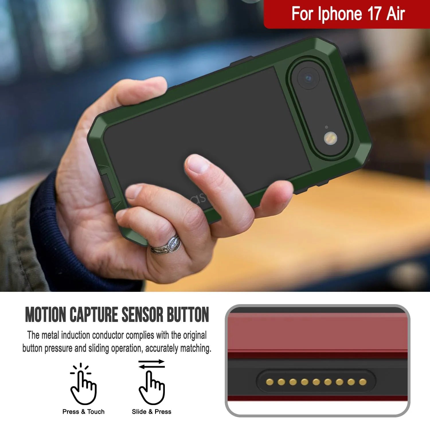 iPhone 17 Air Metal Case, Heavy Duty Military Grade Armor Cover [shock proof] Full Body Hard [Dark Green]