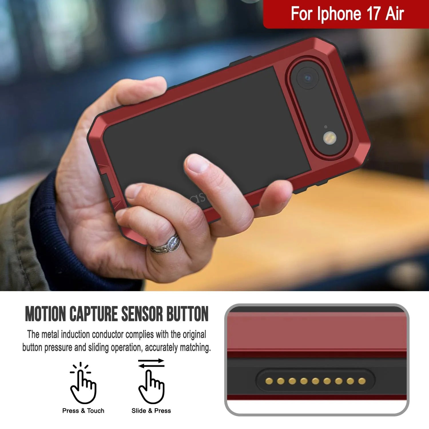 iPhone 17 Air Metal Case, Heavy Duty Military Grade Armor Cover [shock proof] Full Body Hard [Red]
