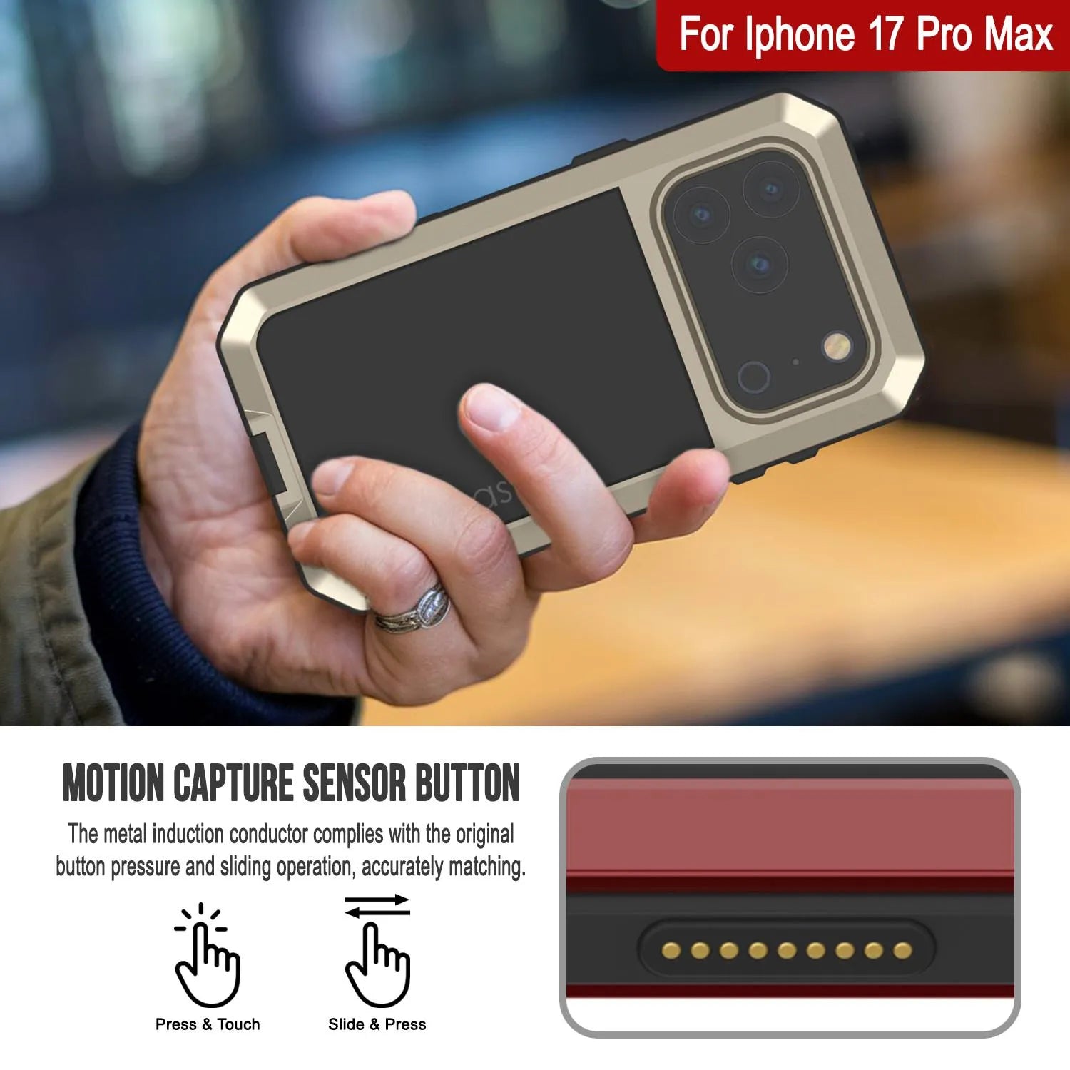iPhone 17 Pro Max Metal Case, Heavy Duty Military Grade Armor Cover [shock proof] Full Body Hard [Gold]