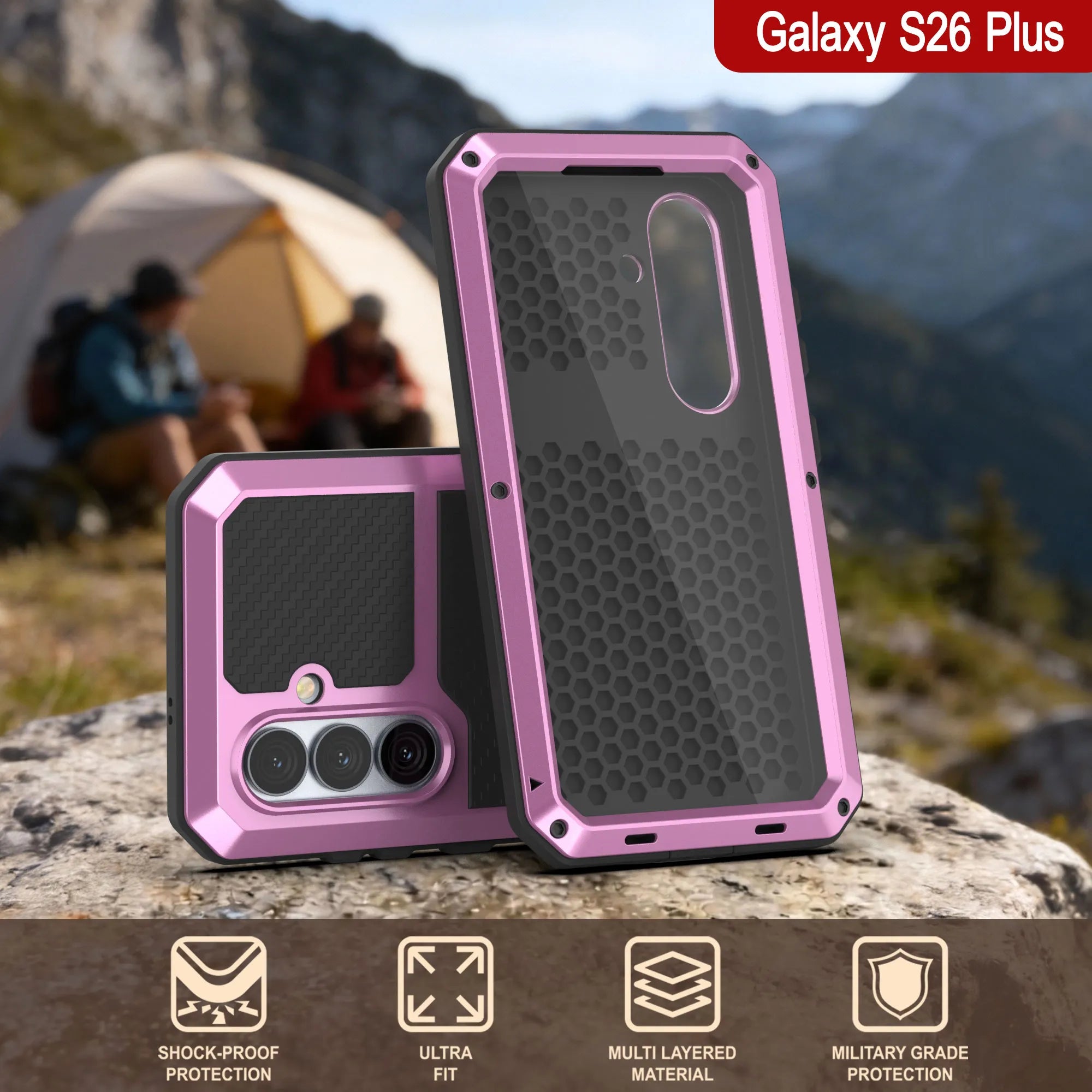 Galaxy S26 Plus Metal Case, Heavy Duty Military Grade Armor Cover [shock proof] Full Body Hard [Pink]