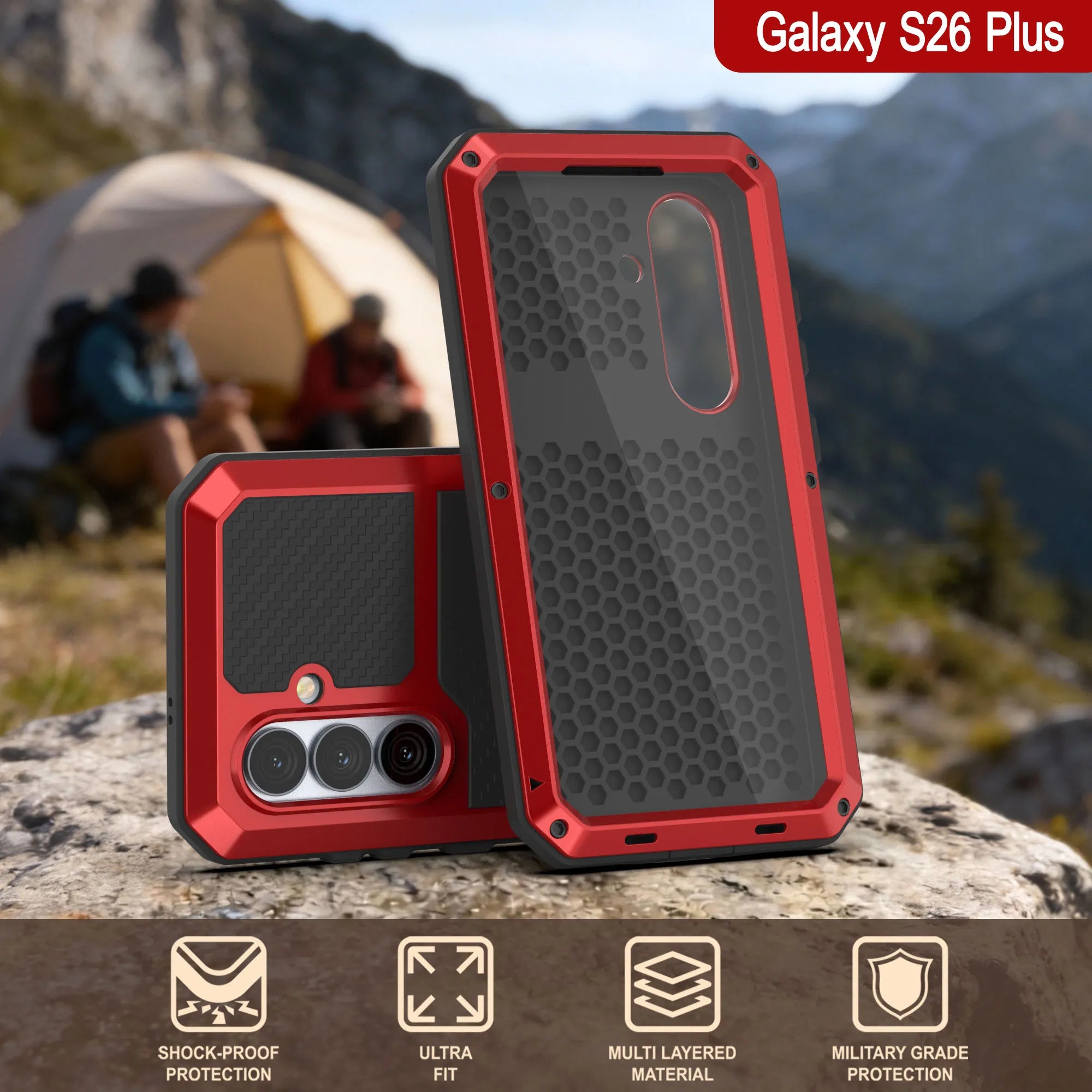 Galaxy S26 Plus Metal Case, Heavy Duty Military Grade Armor Cover [shock proof] Full Body Hard [Red]