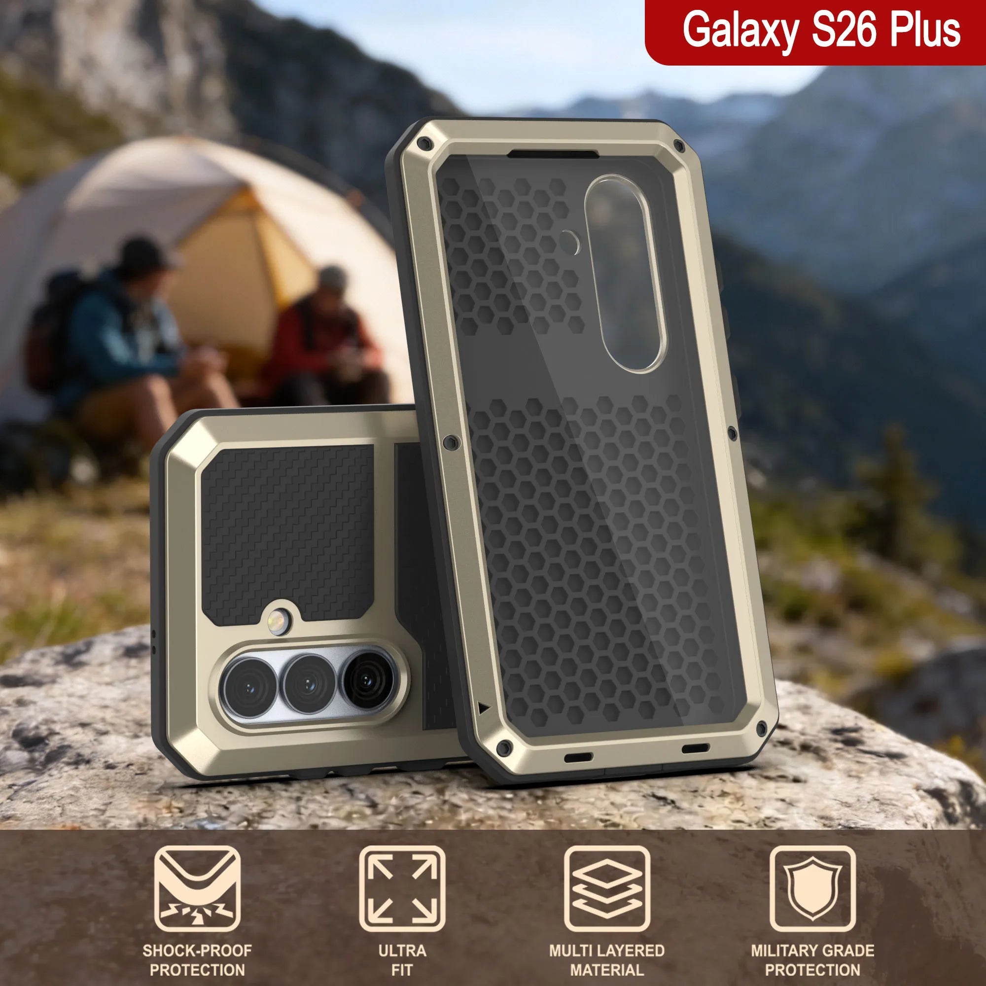Galaxy S26 Plus Metal Case, Heavy Duty Military Grade Armor Cover [shock proof] Full Body Hard [Gold]