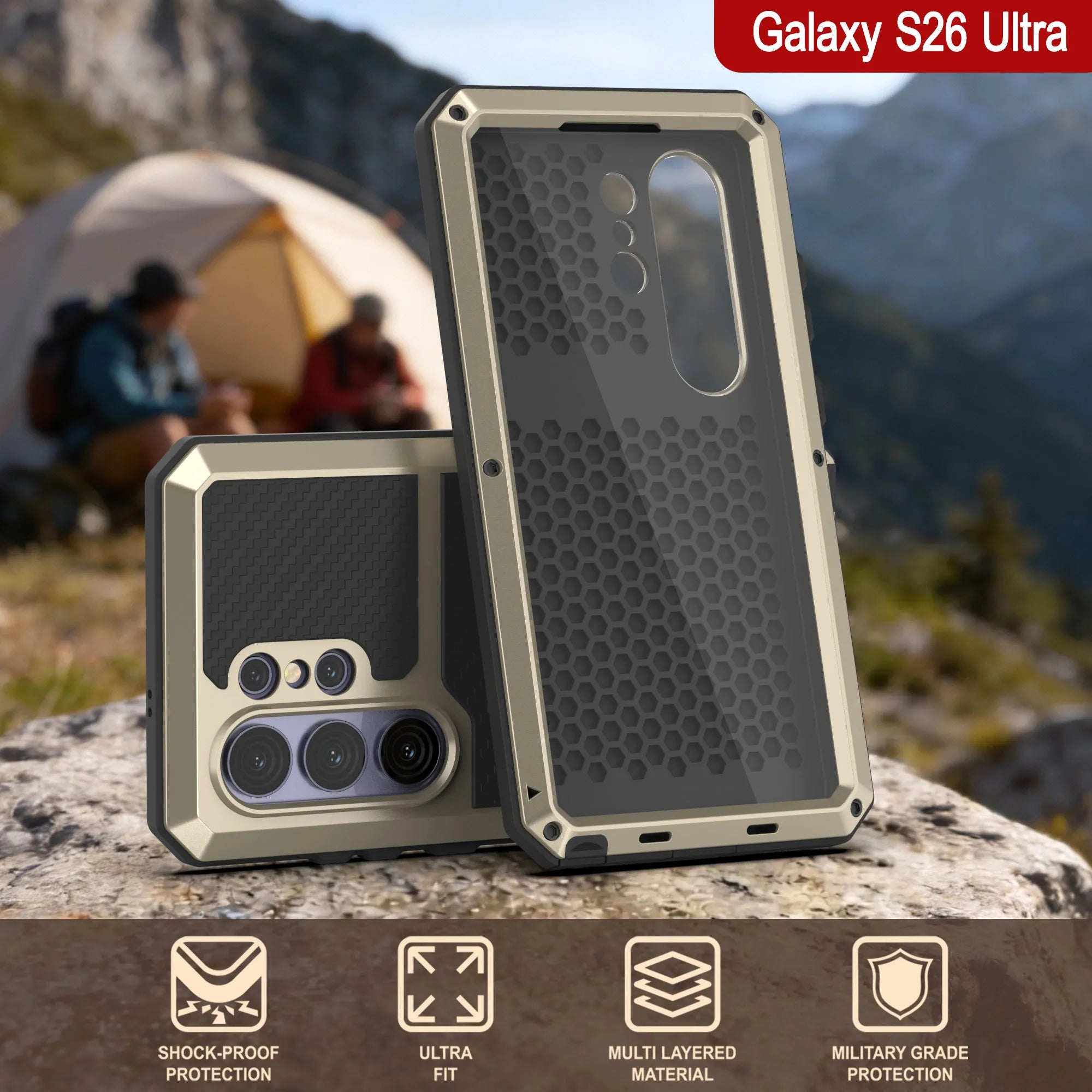 Galaxy S26 Ultra Metal Case, Heavy Duty Military Grade Armor Cover [shock proof] Full Body Hard [Gold]